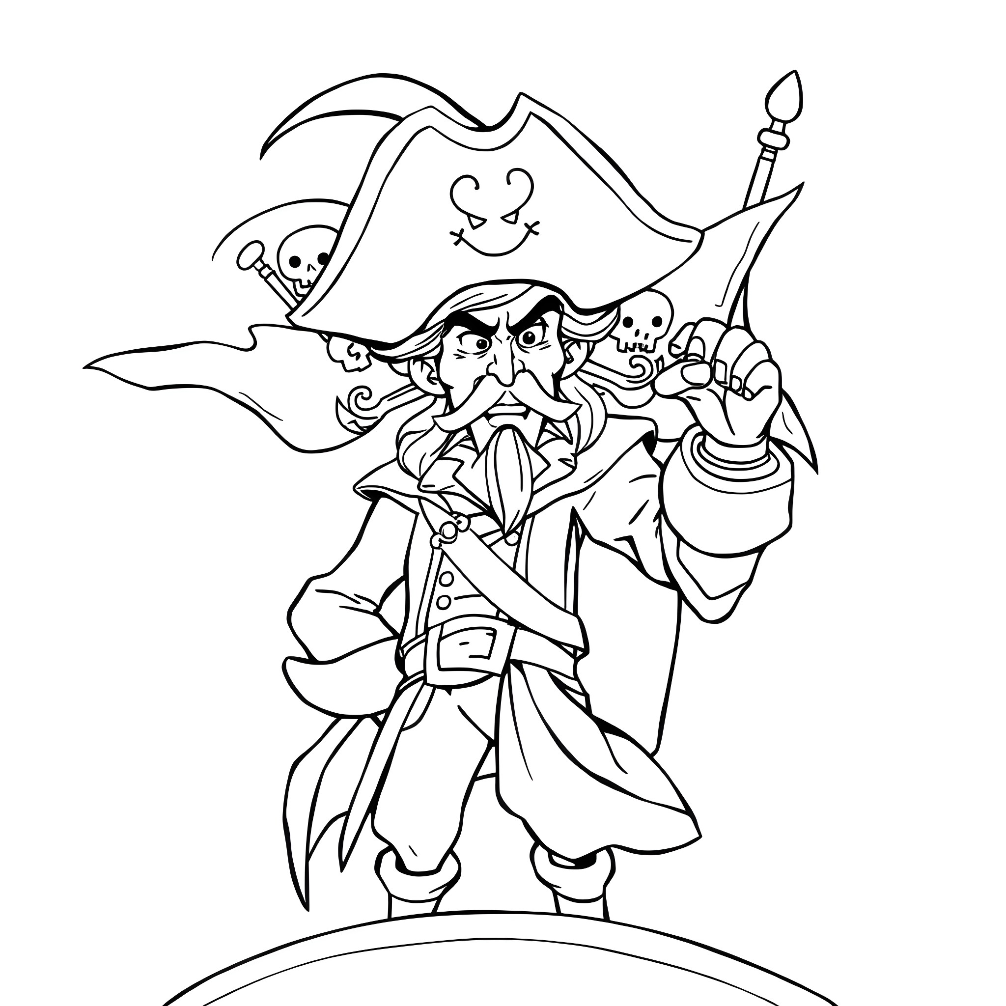 Captain Hook leading his pirate crew in adventure Coloring Page (free black-and-white line drawing printable PDF for all, from beginners to advanced learners, including children, teens, adults, and seniors)
