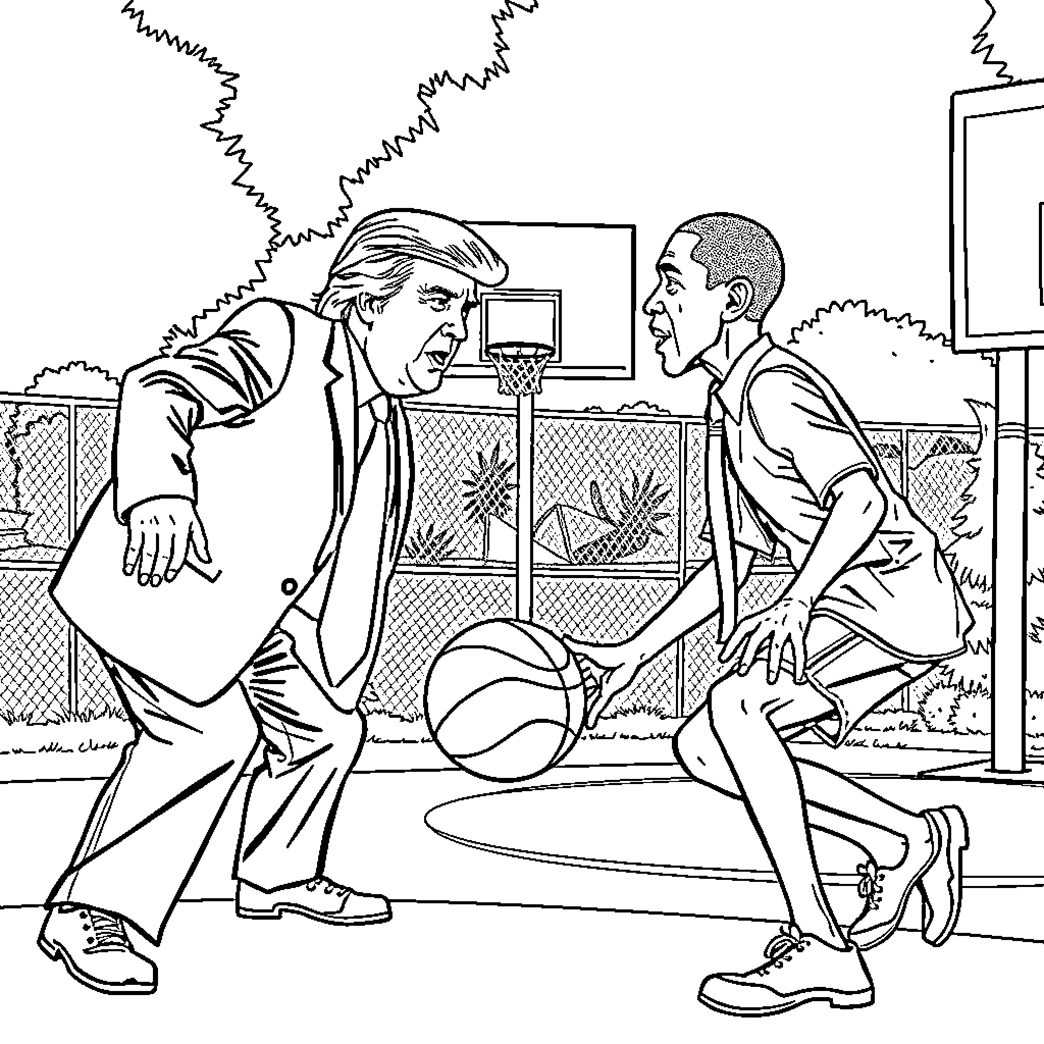 Donald Trump playing basketball with Barack Obama Coloring Page (free black-and-white line drawing printable PDF for all, from beginners to advanced learners, including children, teens, adults, and seniors)