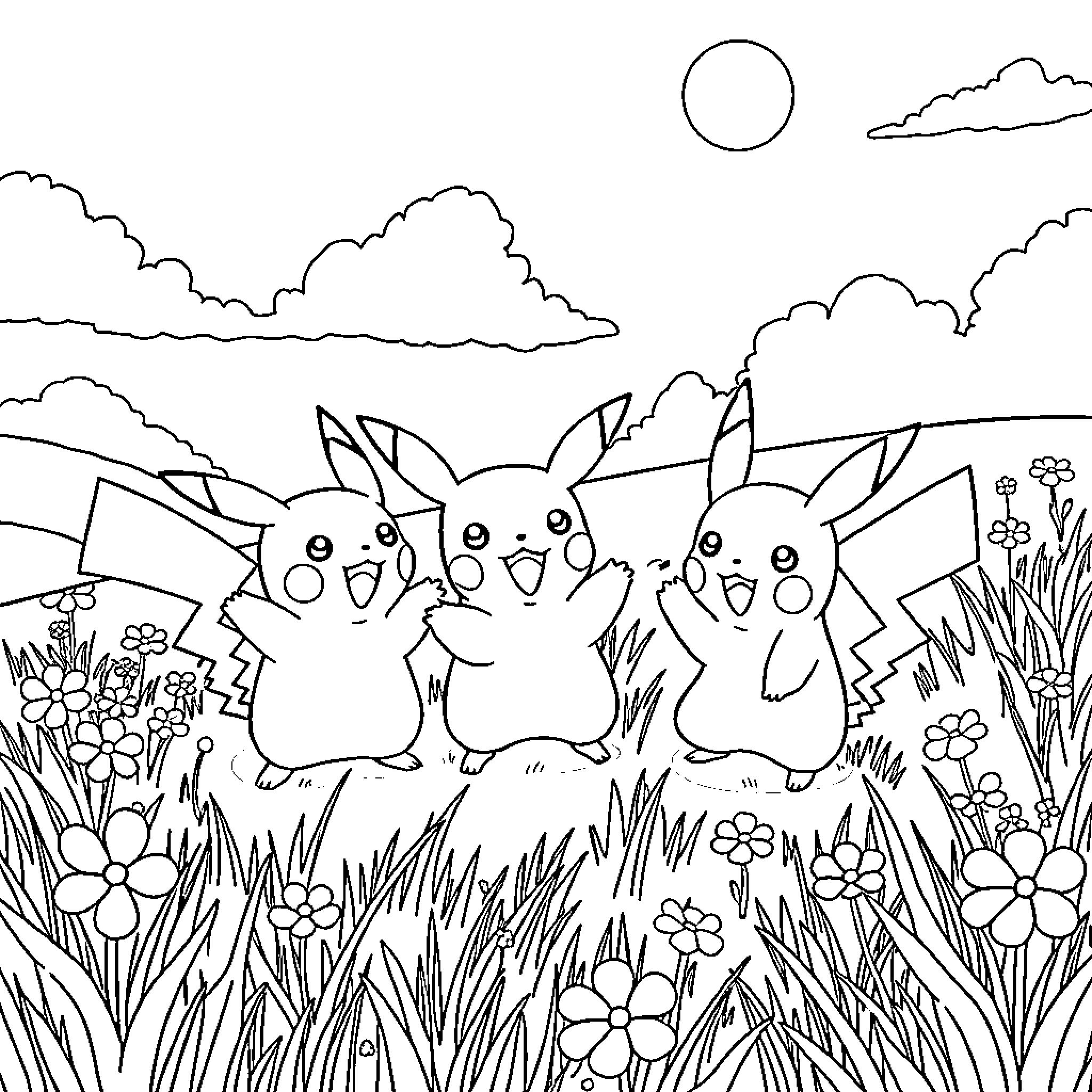 Pikachu and friends in a grassy meadow Coloring Page (free black-and-white line drawing printable PDF for all, from beginners to advanced learners, including children, teens, adults, and seniors)