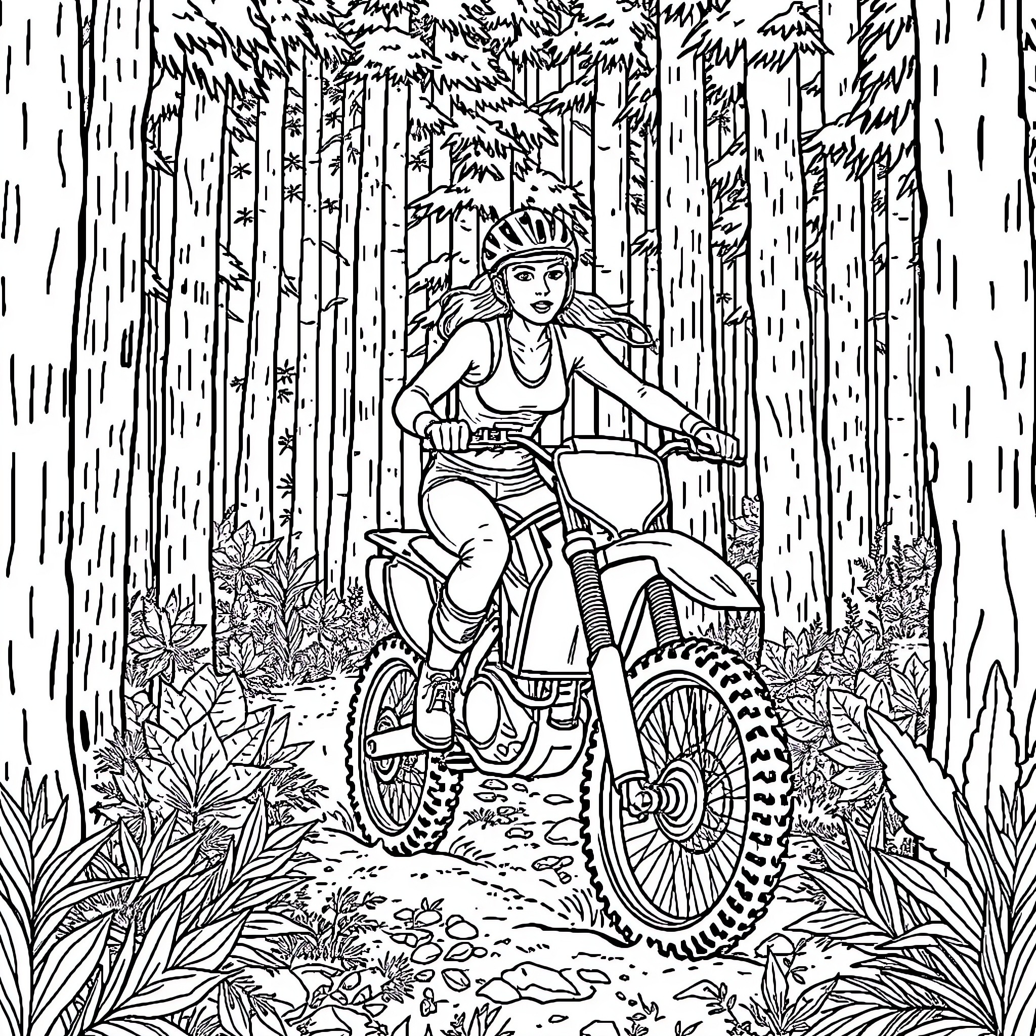 Dirtbiker navigating through the dense forest Coloring Page (free black-and-white line drawing printable PDF for all, from beginners to advanced learners, including children, teens, adults, and seniors)