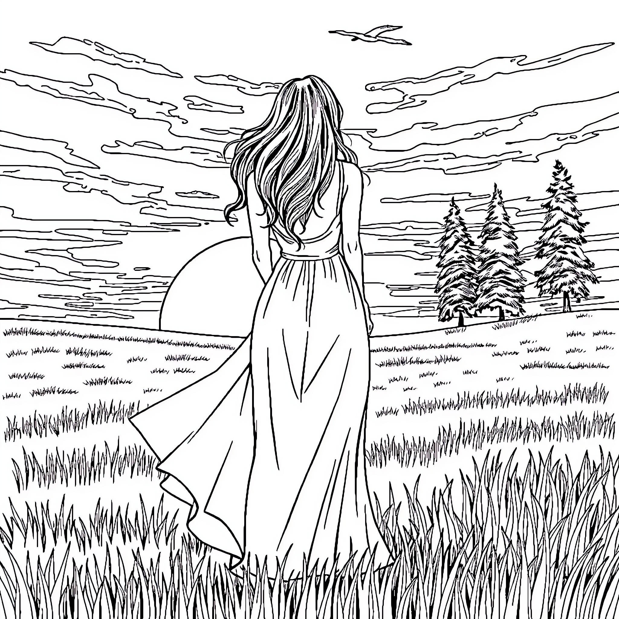 Woman gazing at the serene landscape Coloring Page (free black-and-white line drawing printable PDF for all, from beginners to advanced learners, including children, teens, adults, and seniors)
