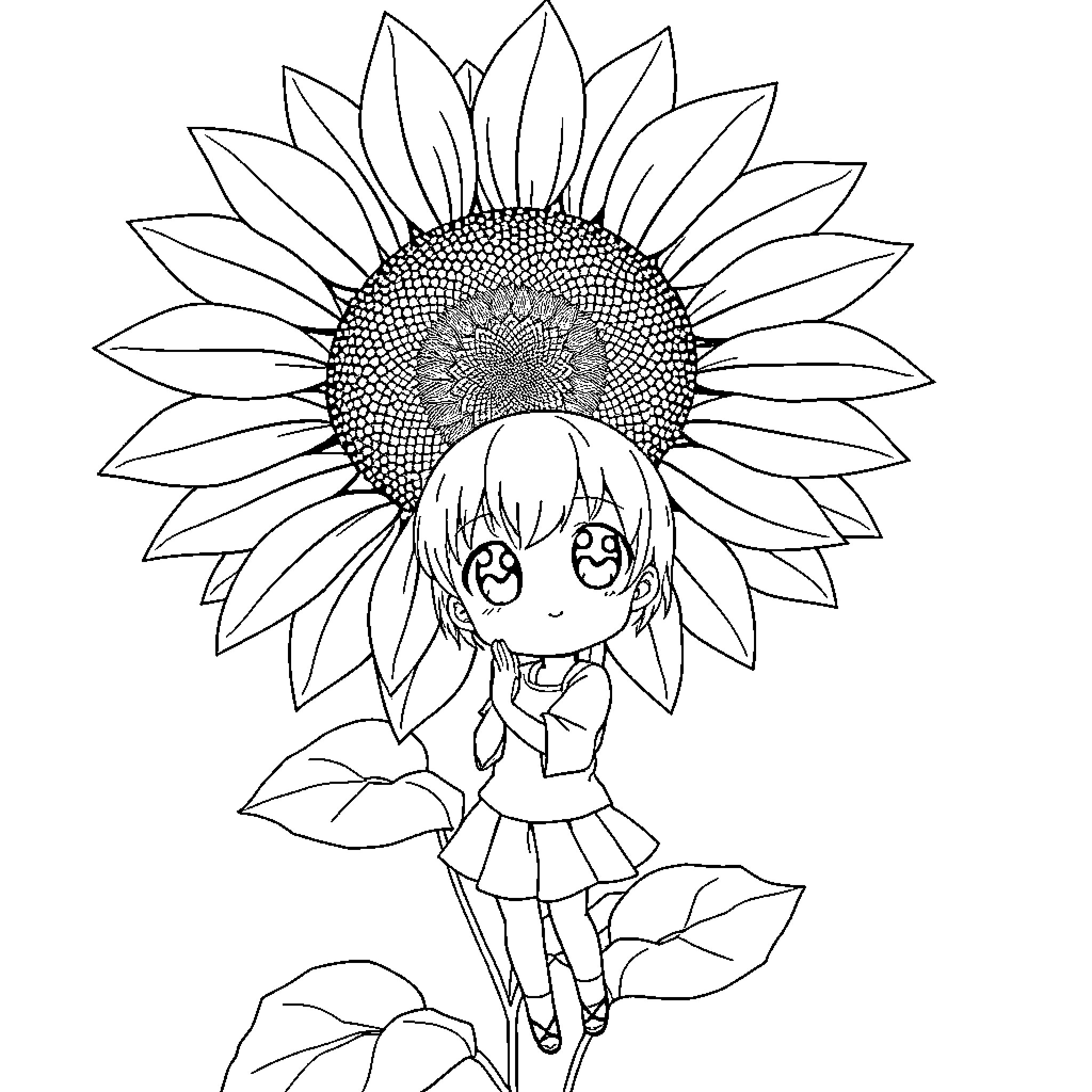 Anime Girl Posing with Sunflower Coloring Page (free black-and-white line drawing printable PDF for all, from beginners to advanced learners, including children, teens, adults, and seniors)