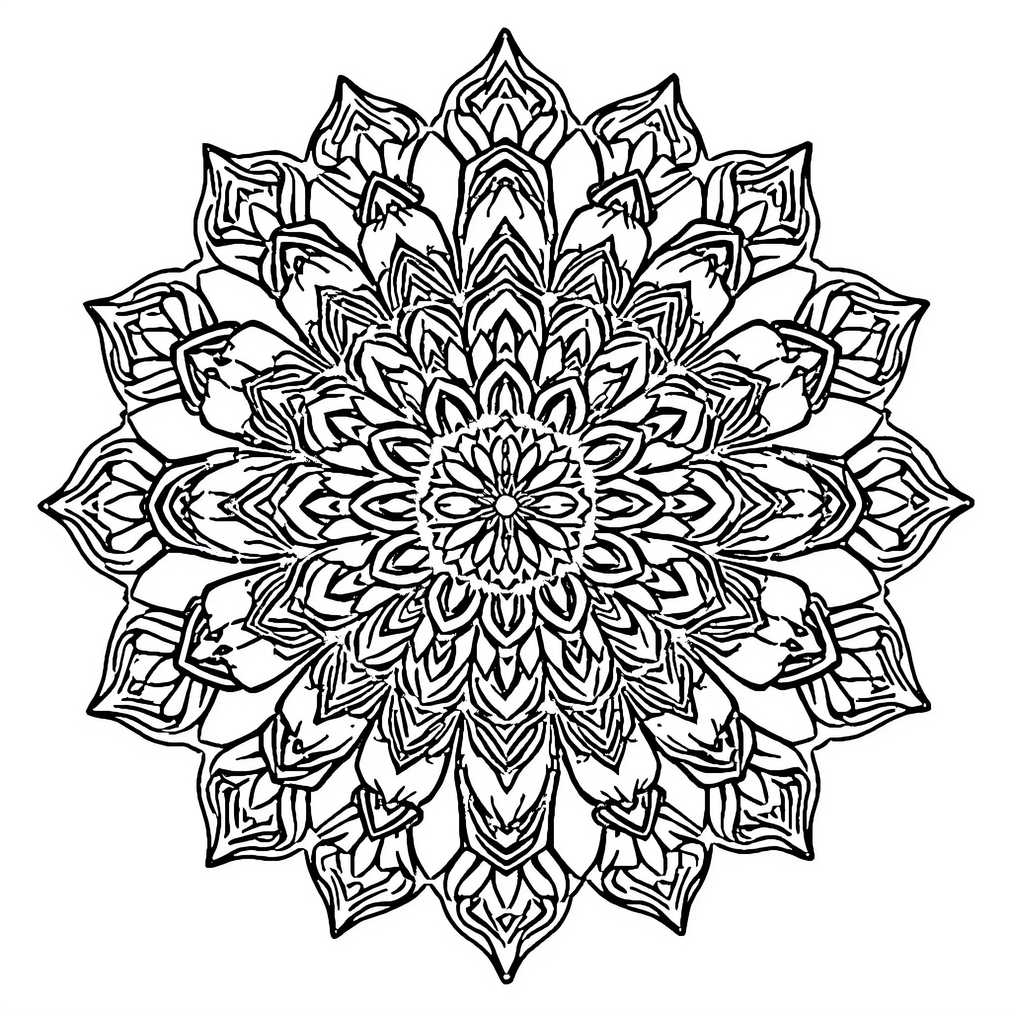 Mandala of intricate floral patterns Coloring Page (free black-and-white line drawing printable PDF for all, from beginners to advanced learners, including children, teens, adults, and seniors)
