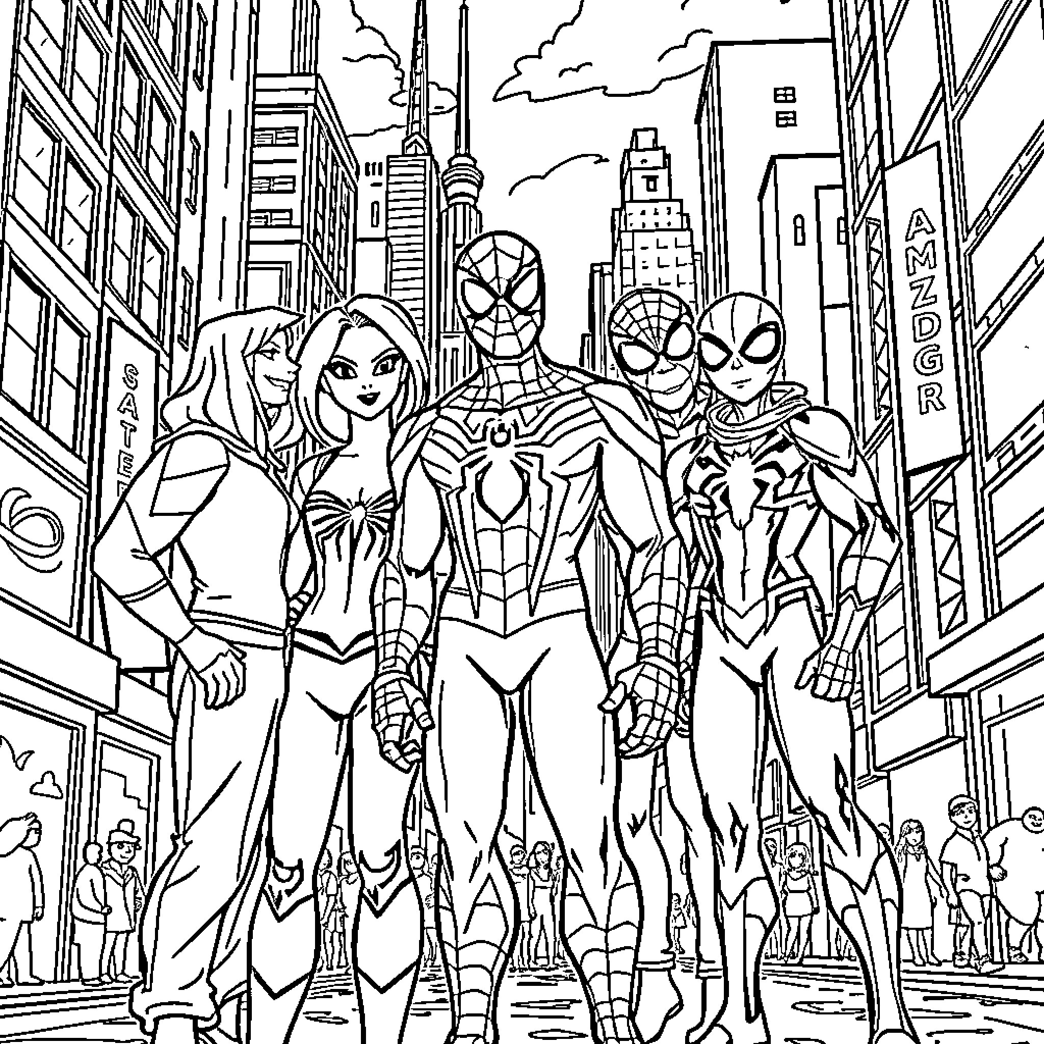 Spidey heroes united in city adventure Coloring Page (free black-and-white line drawing printable PDF for all, from beginners to advanced learners, including children, teens, adults, and seniors)