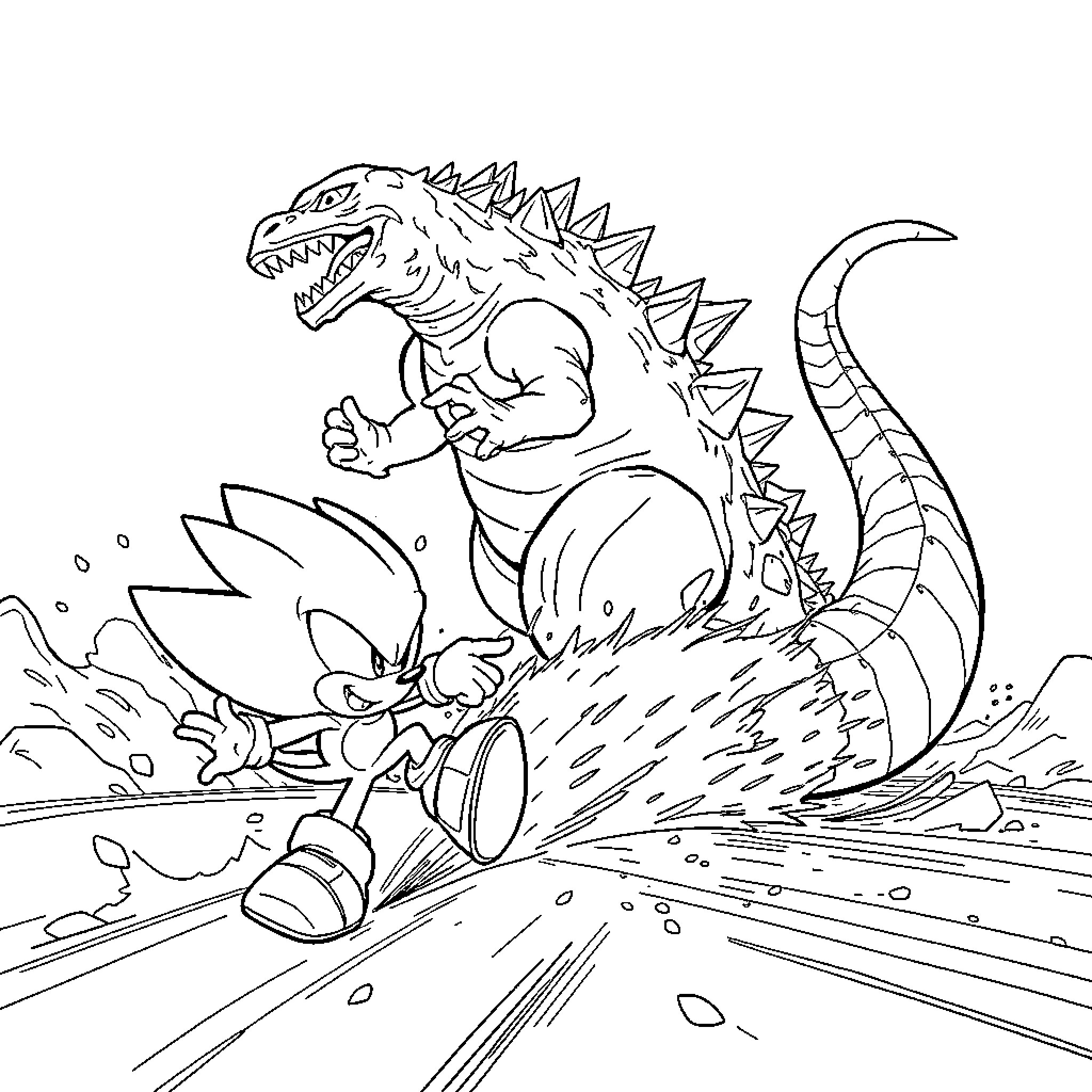 Zonic Hedgehog Races Fearsome Dinosaur Coloring Page (free black-and-white line drawing printable PDF for all, from beginners to advanced learners, including children, teens, adults, and seniors)