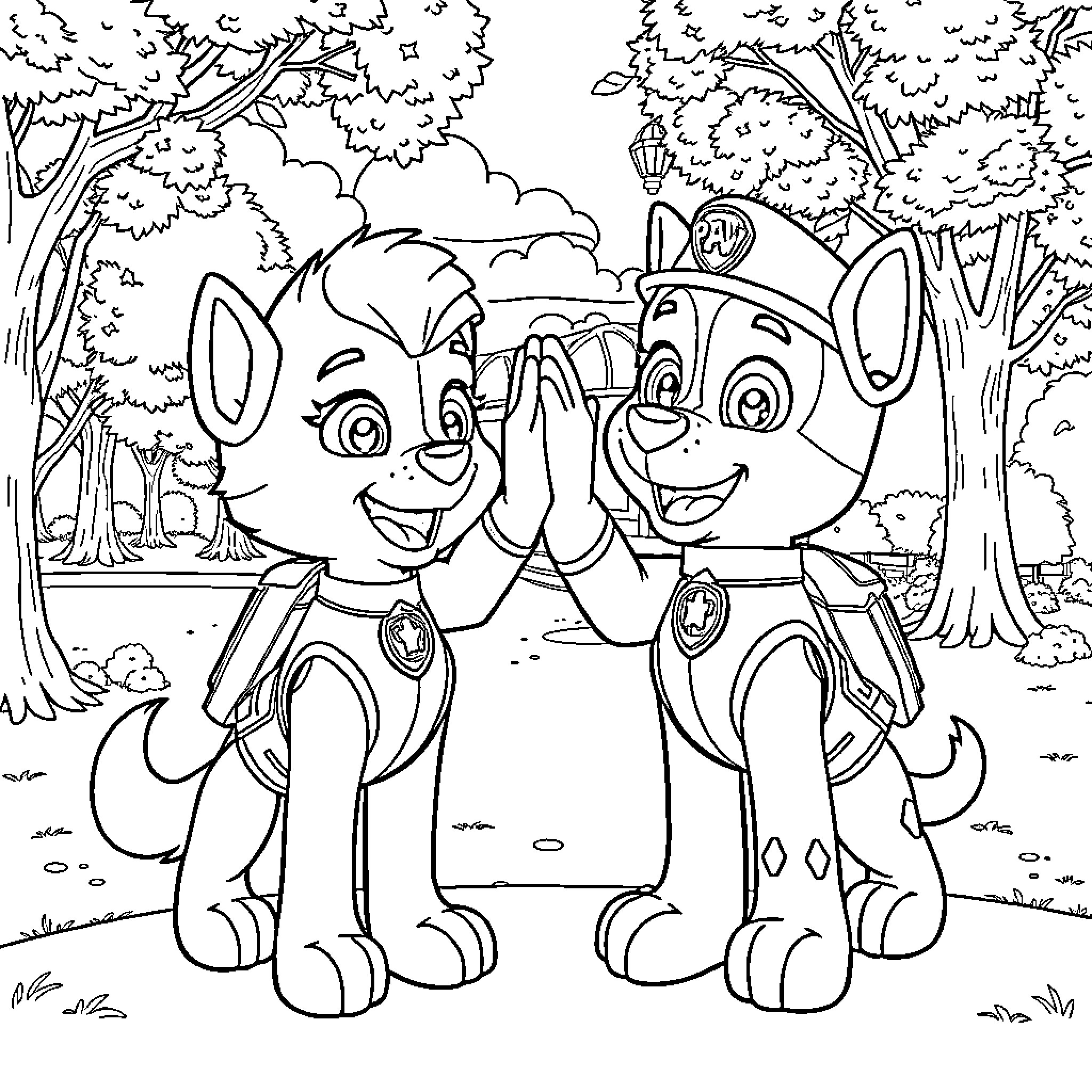 Skye and Chase playing together in the forest Coloring Page (free black-and-white line drawing printable PDF for all, from beginners to advanced learners, including children, teens, adults, and seniors)