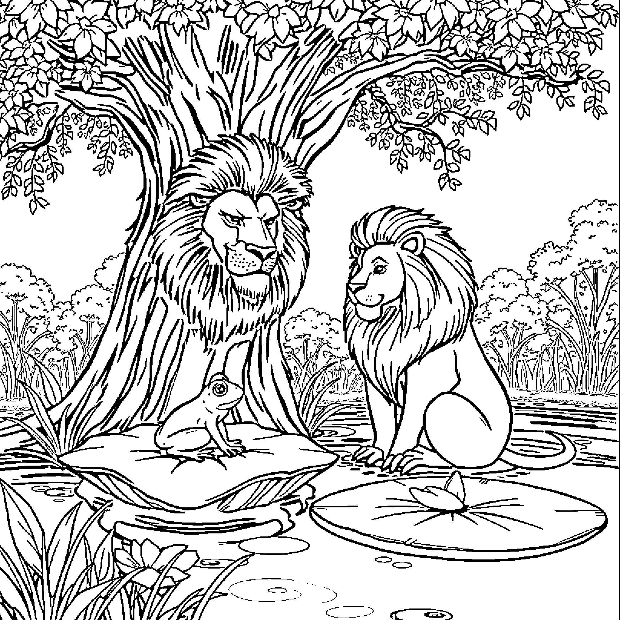 Frog and Lions in Lush Wilderness Coloring Page (free black-and-white line drawing printable PDF for all, from beginners to advanced learners, including children, teens, adults, and seniors)