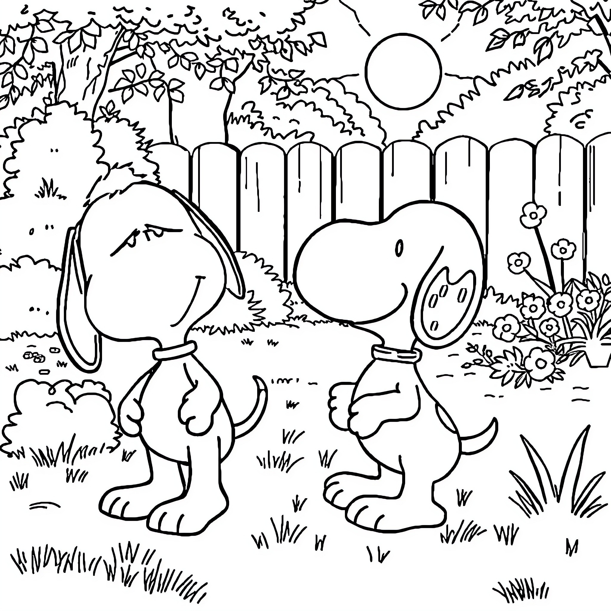 Snoopy and friends explore the lush forest landscape Coloring Page (free black-and-white line drawing printable PDF for all, from beginners to advanced learners, including children, teens, adults, and seniors)