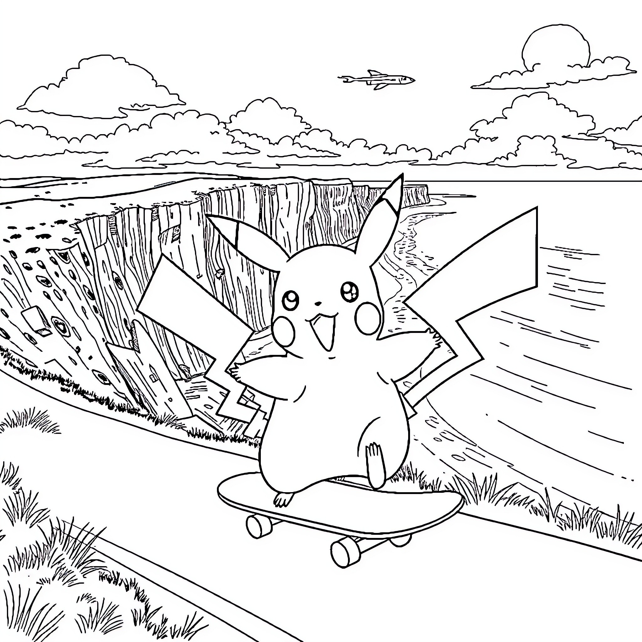 Pikachu skateboarding through the countryside Coloring Page (free black-and-white line drawing printable PDF for all, from beginners to advanced learners, including children, teens, adults, and seniors)