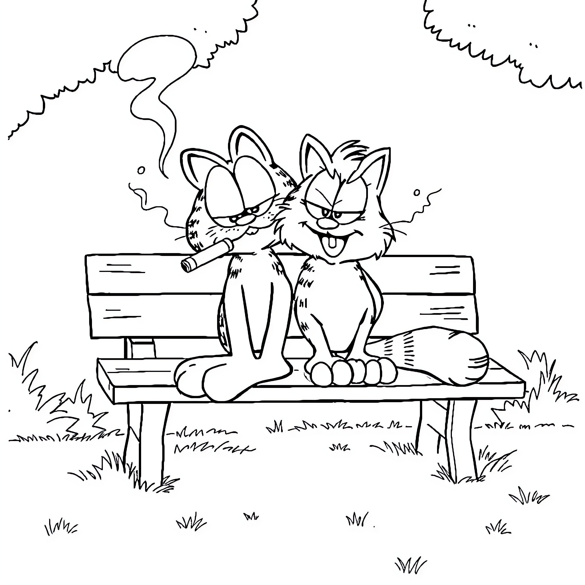 Garfield and Odie relaxing on a park bench Coloring Page (free black-and-white line drawing printable PDF for all, from beginners to advanced learners, including children, teens, adults, and seniors)
