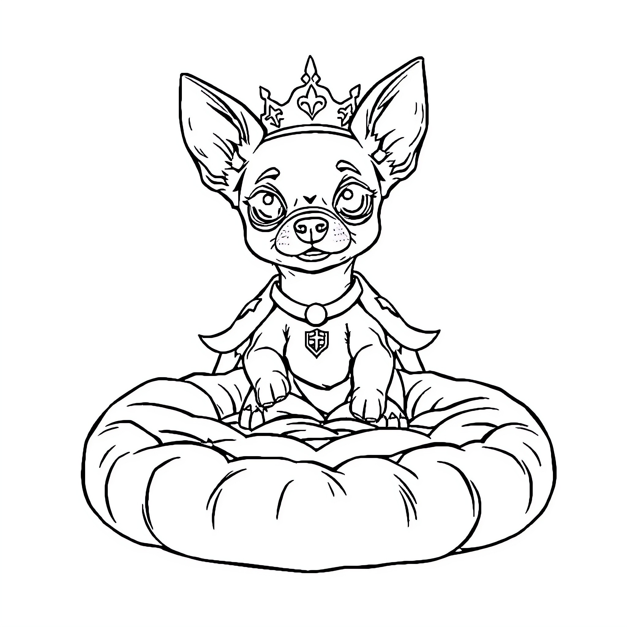 Chihuahua wearing a crown in a cozy bed Coloring Page (free black-and-white line drawing printable PDF for all, from beginners to advanced learners, including children, teens, adults, and seniors)