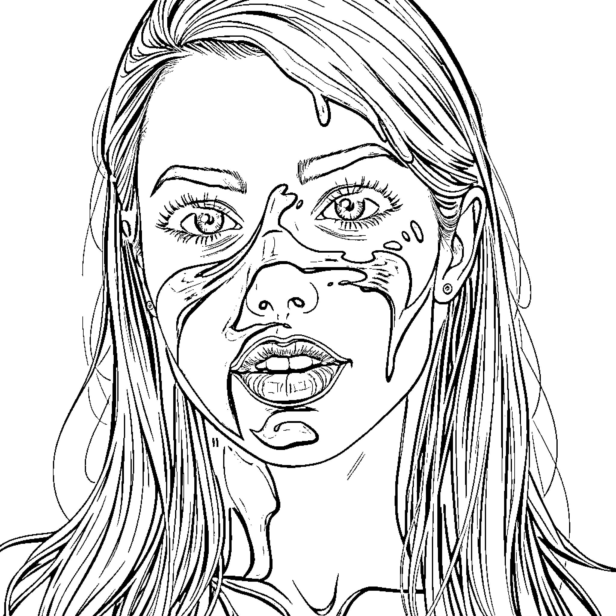 Woman with striking facial expression Coloring Page (free black-and-white line drawing printable PDF for all, from beginners to advanced learners, including children, teens, adults, and seniors)