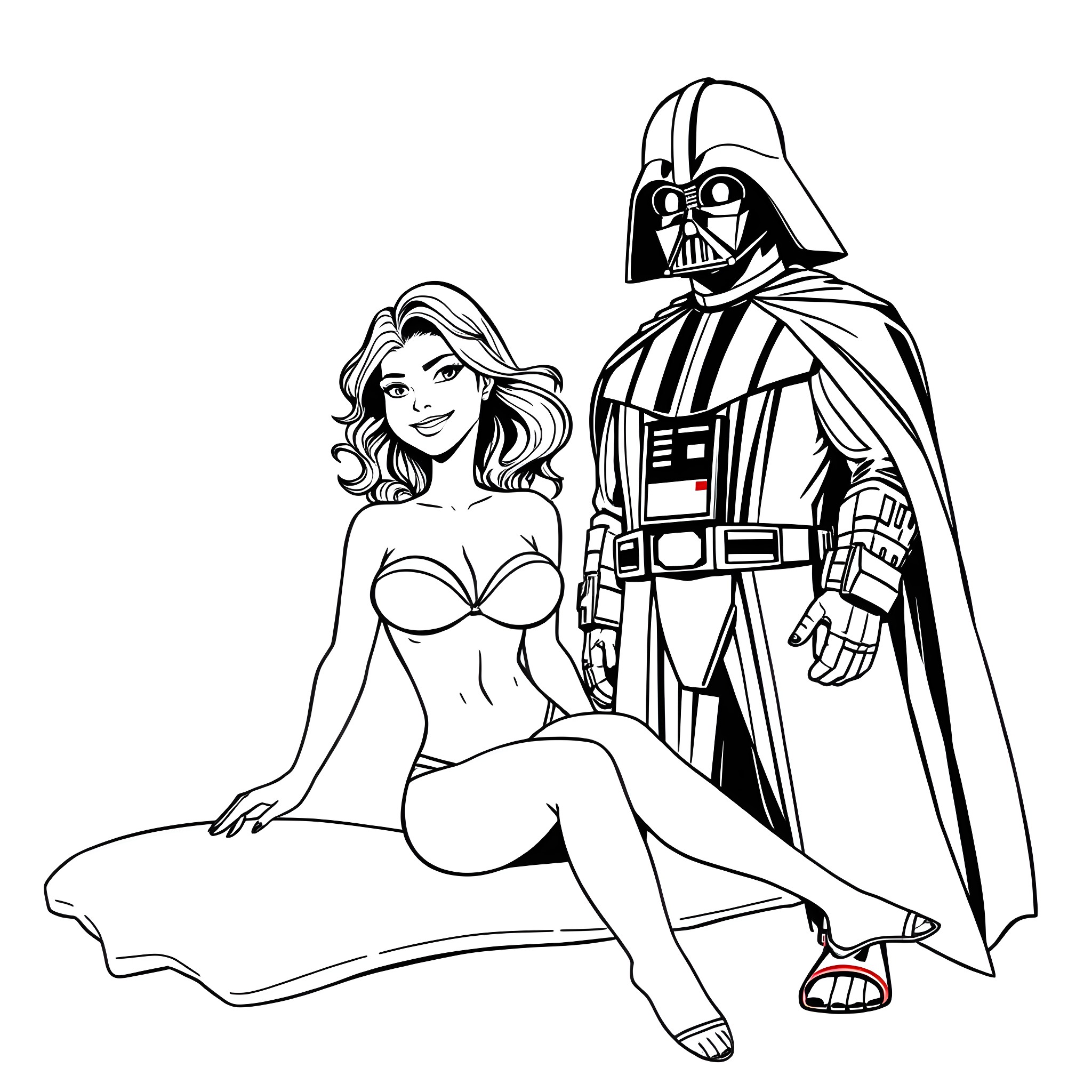 Shego's captivating encounter with Darth Vader Coloring Page (free black-and-white line drawing printable PDF for all, from beginners to advanced learners, including children, teens, adults, and seniors)