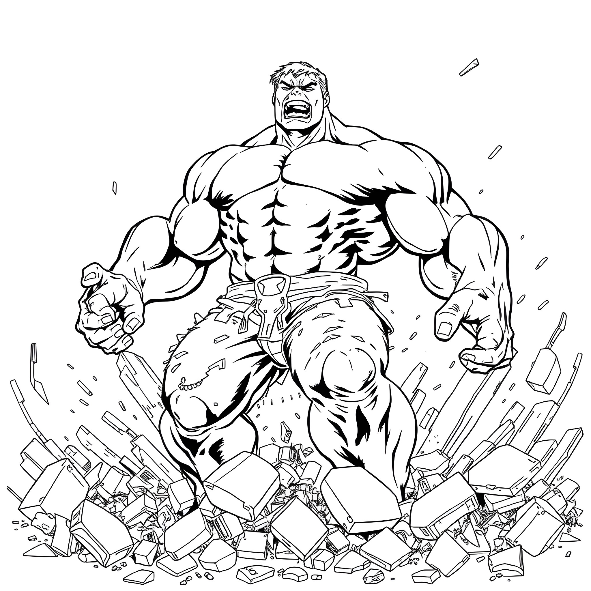 Hulk smashing through debris and destruction Coloring Page (free black-and-white line drawing printable PDF for all, from beginners to advanced learners, including children, teens, adults, and seniors)
