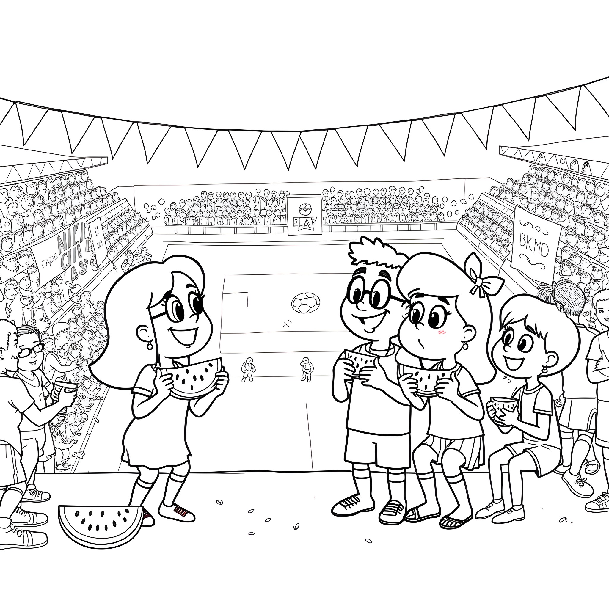 Bob's Burgers Family Enjoying a Lively Soccer Match Coloring Page (free black-and-white line drawing printable PDF for all, from beginners to advanced learners, including children, teens, adults, and seniors)