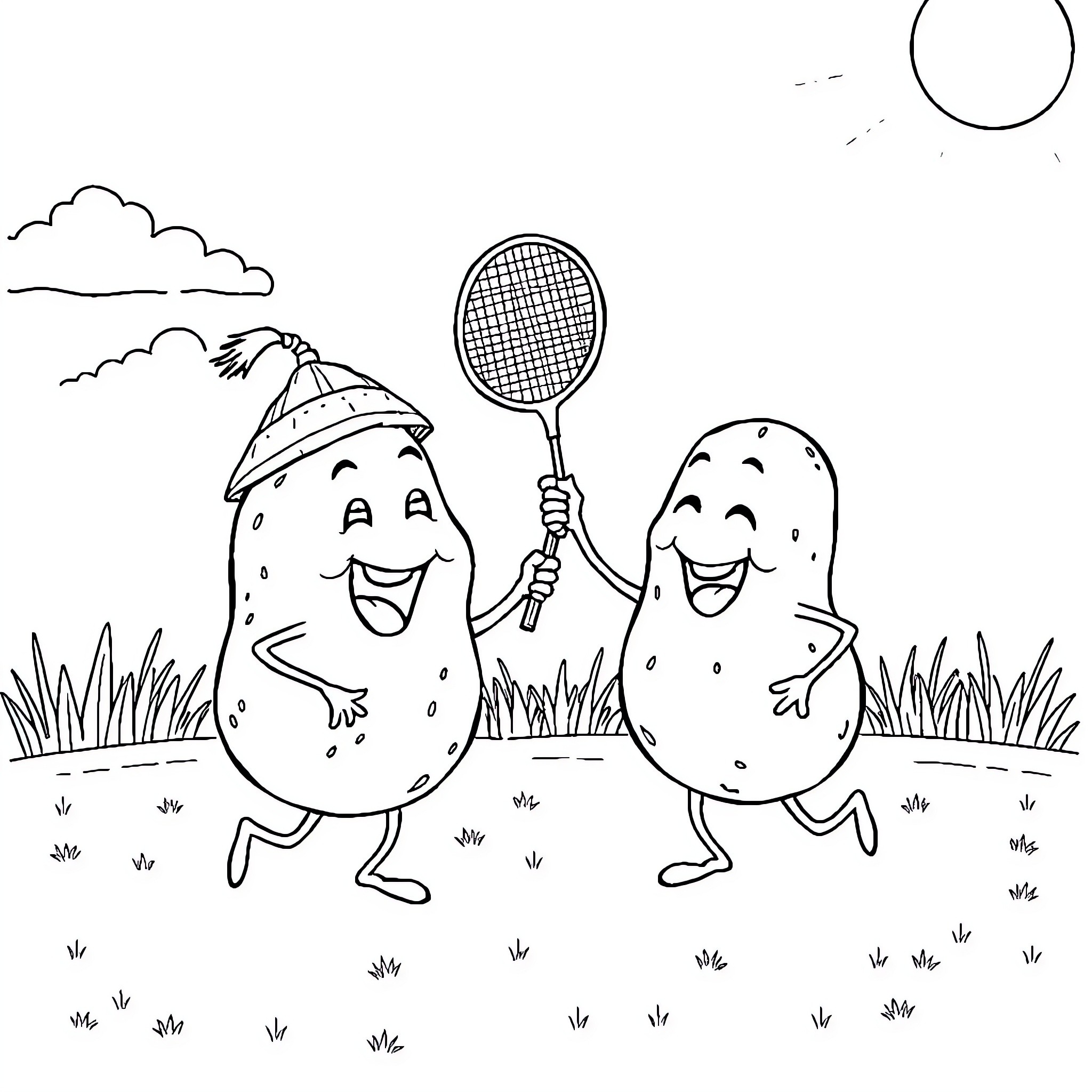 Potato characters playing tennis in the park Coloring Page (free black-and-white line drawing printable PDF for all, from beginners to advanced learners, including children, teens, adults, and seniors)