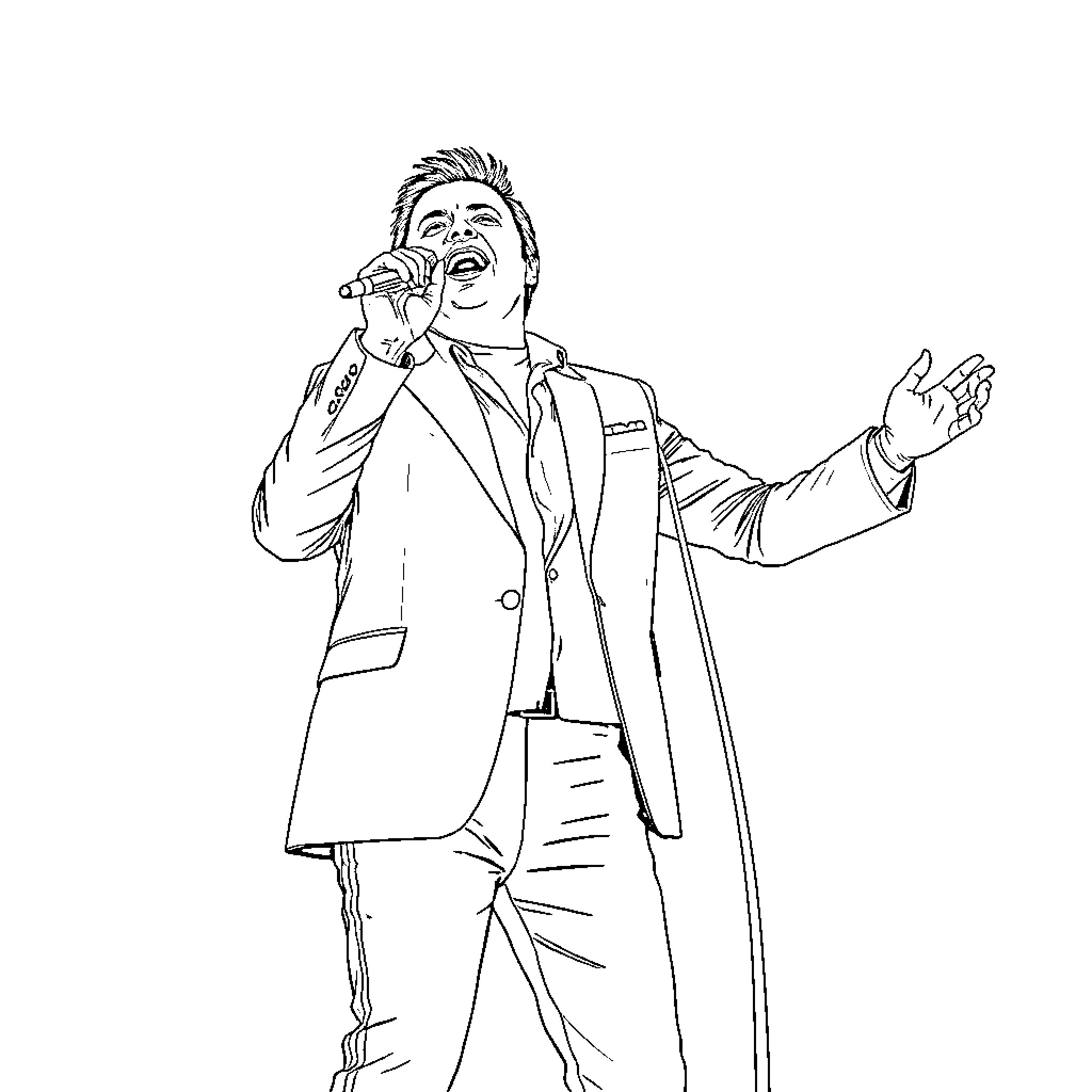 Luis Miguel Performing on Stage in Formal Attire Coloring Page (free black-and-white line drawing printable PDF for all, from beginners to advanced learners, including children, teens, adults, and seniors)