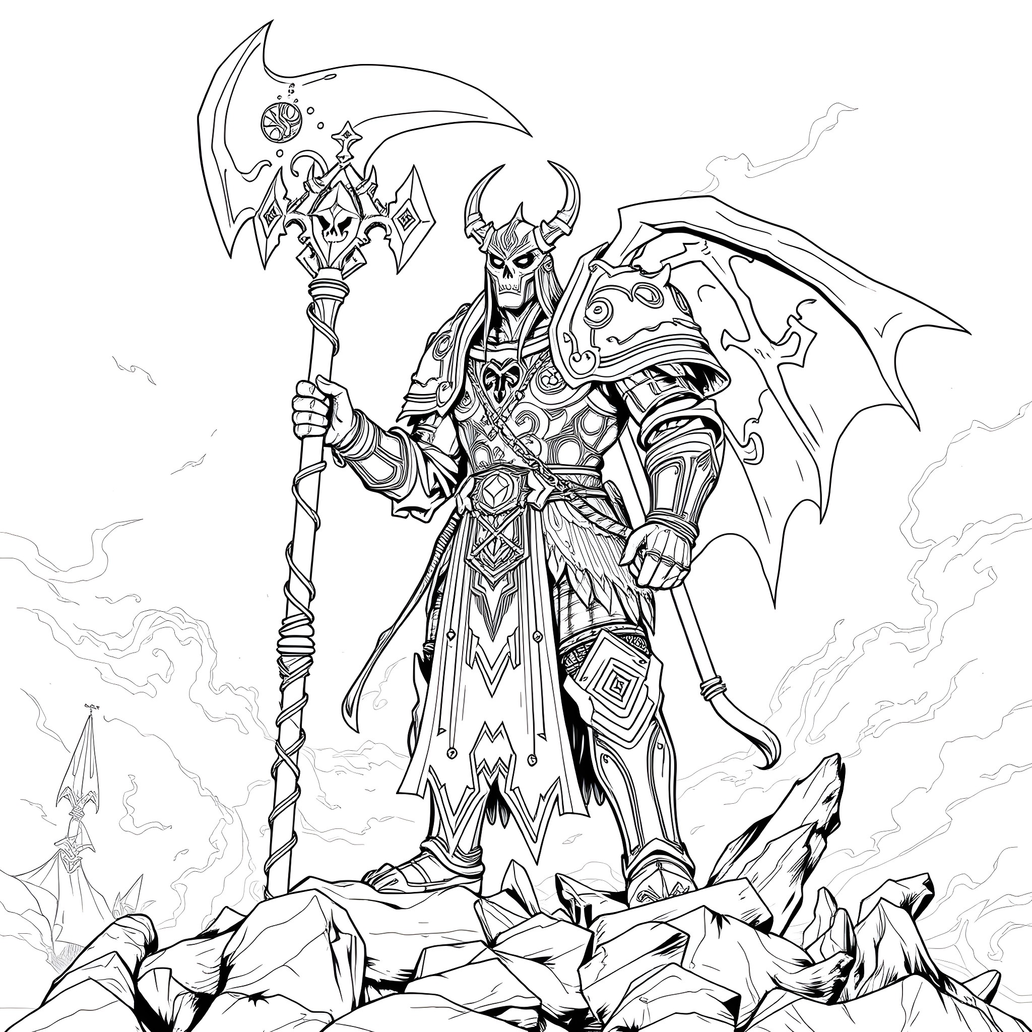 Deathknight Warrior Wielding Fearsome Weapon Amid Rugged Terrain Coloring Page (free black-and-white line drawing printable PDF for all, from beginners to advanced learners, including children, teens, adults, and seniors)
