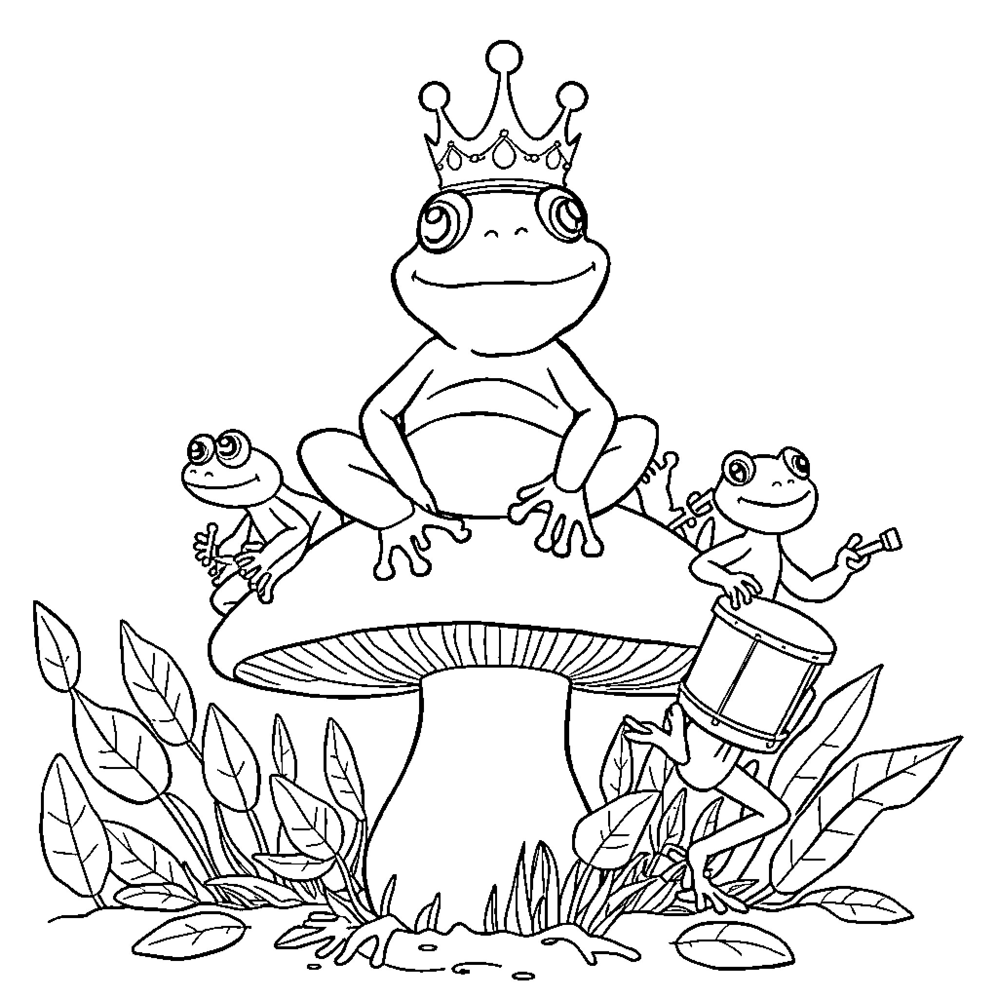 Frog Royalty with Companions in Enchanted Forest Coloring Page (free black-and-white line drawing printable PDF for all, from beginners to advanced learners, including children, teens, adults, and seniors)