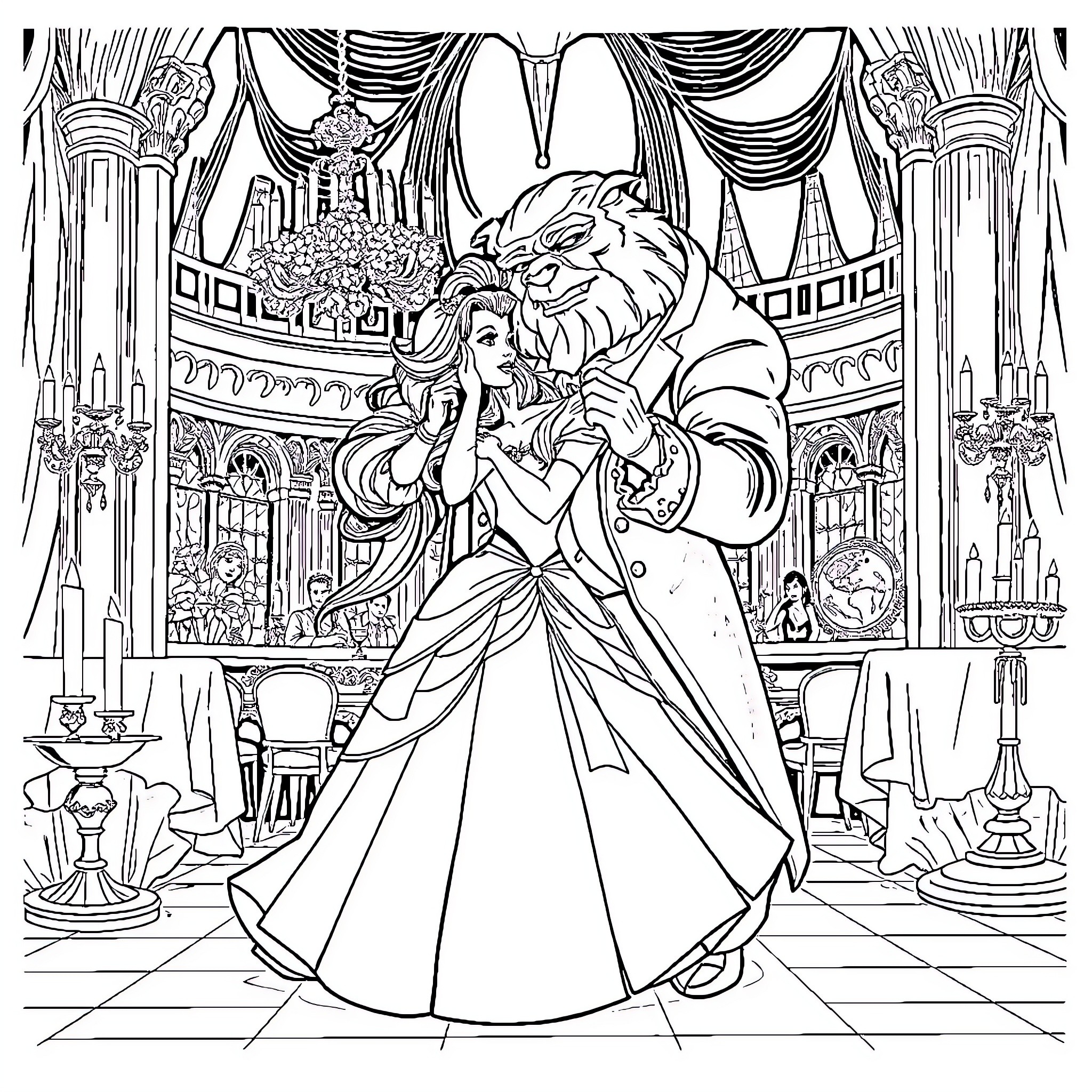 Belle's Enchanting Ballroom Dance with the Beast Coloring Page (free black-and-white line drawing printable PDF for all, from beginners to advanced learners, including children, teens, adults, and seniors)