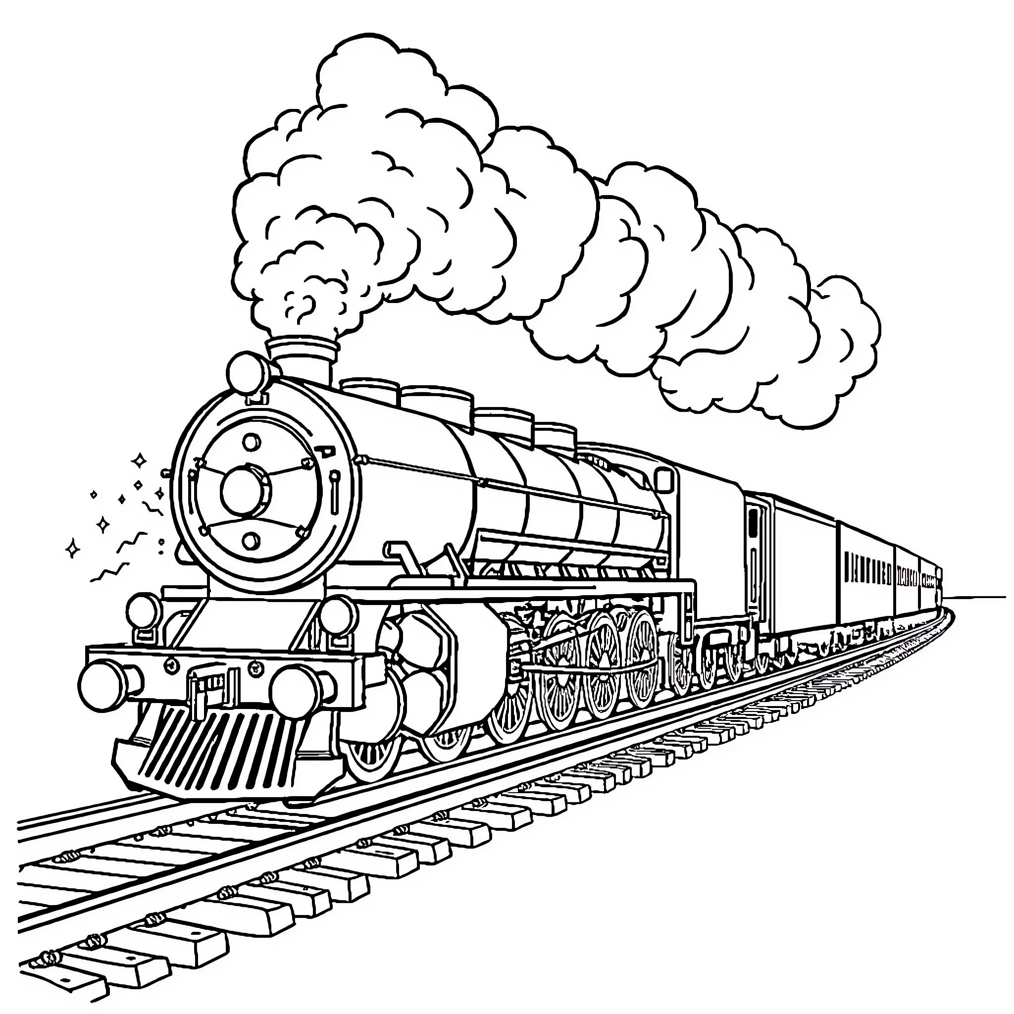 Steam Train Rushing Down the Tracks Coloring Page (free black-and-white line drawing printable PDF for all, from beginners to advanced learners, including children, teens, adults, and seniors)
