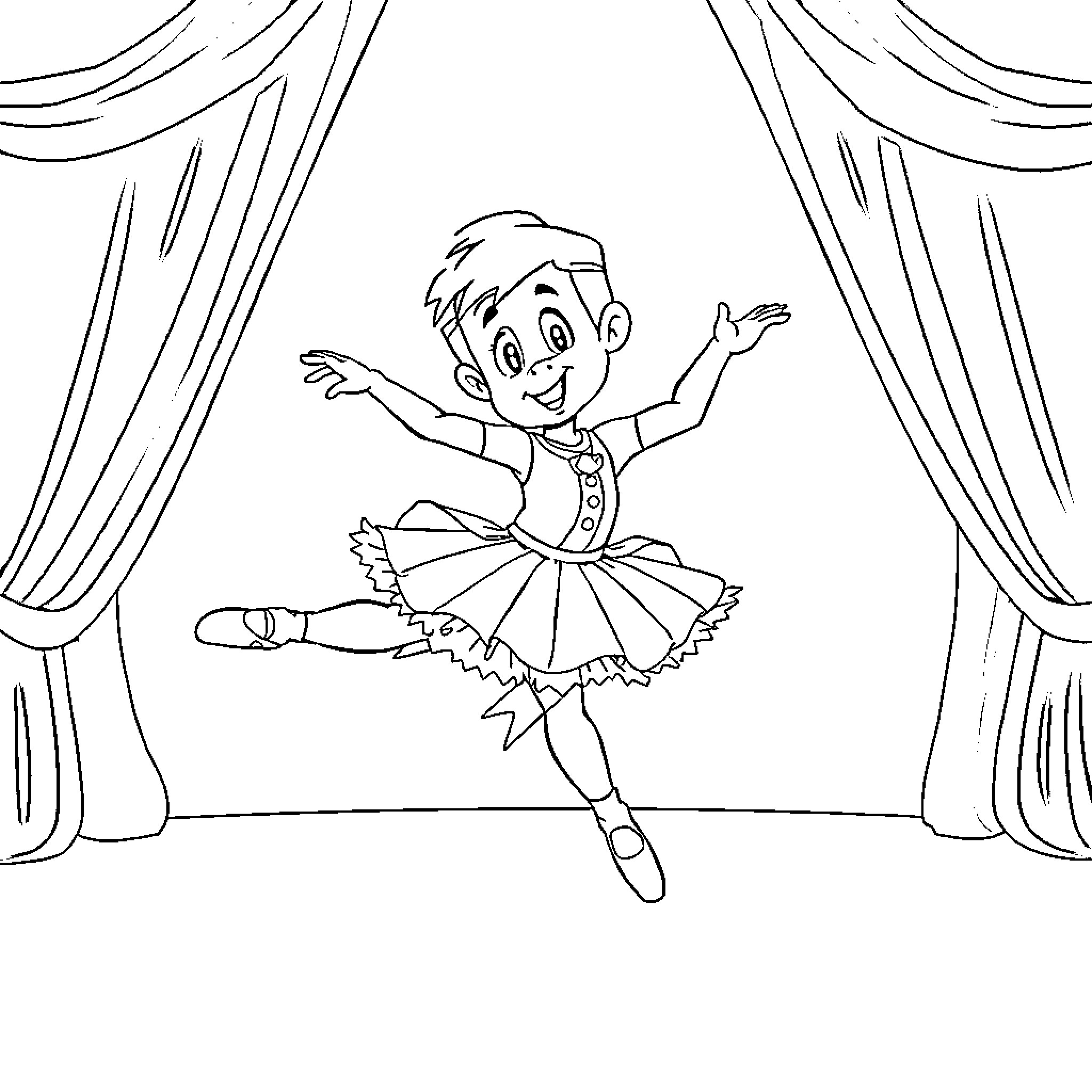 Chase the Ballerina's Graceful Performance Coloring Page (free black-and-white line drawing printable PDF for all, from beginners to advanced learners, including children, teens, adults, and seniors)