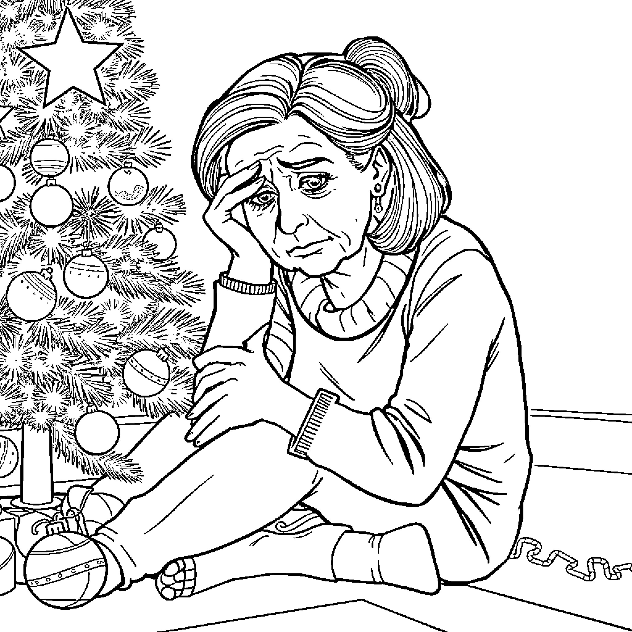 Woman looking sad near Christmas tree Coloring Page (free black-and-white line drawing printable PDF for all, from beginners to advanced learners, including children, teens, adults, and seniors)