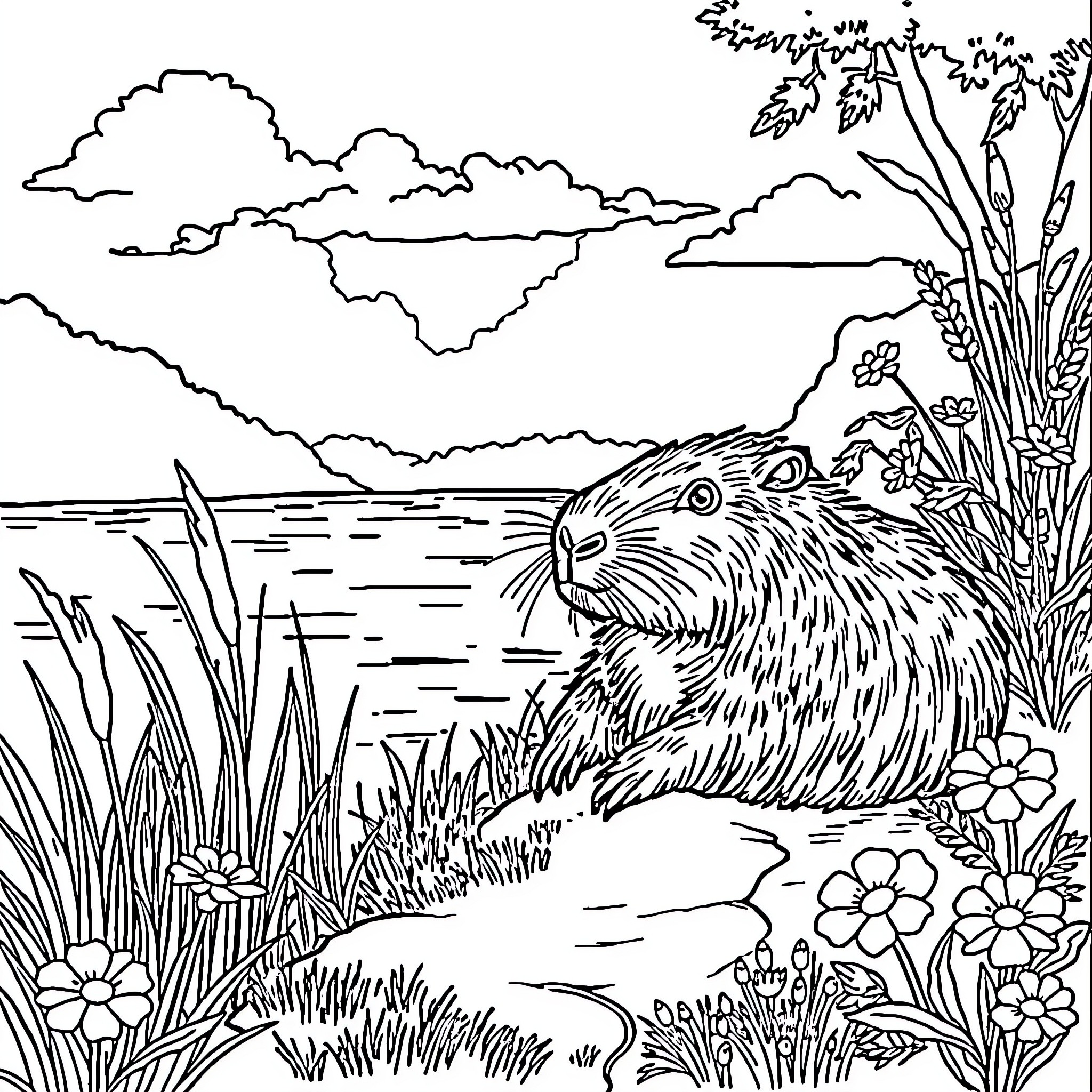 Capibara enjoying a peaceful day by the lake Coloring Page (free black-and-white line drawing printable PDF for all, from beginners to advanced learners, including children, teens, adults, and seniors)