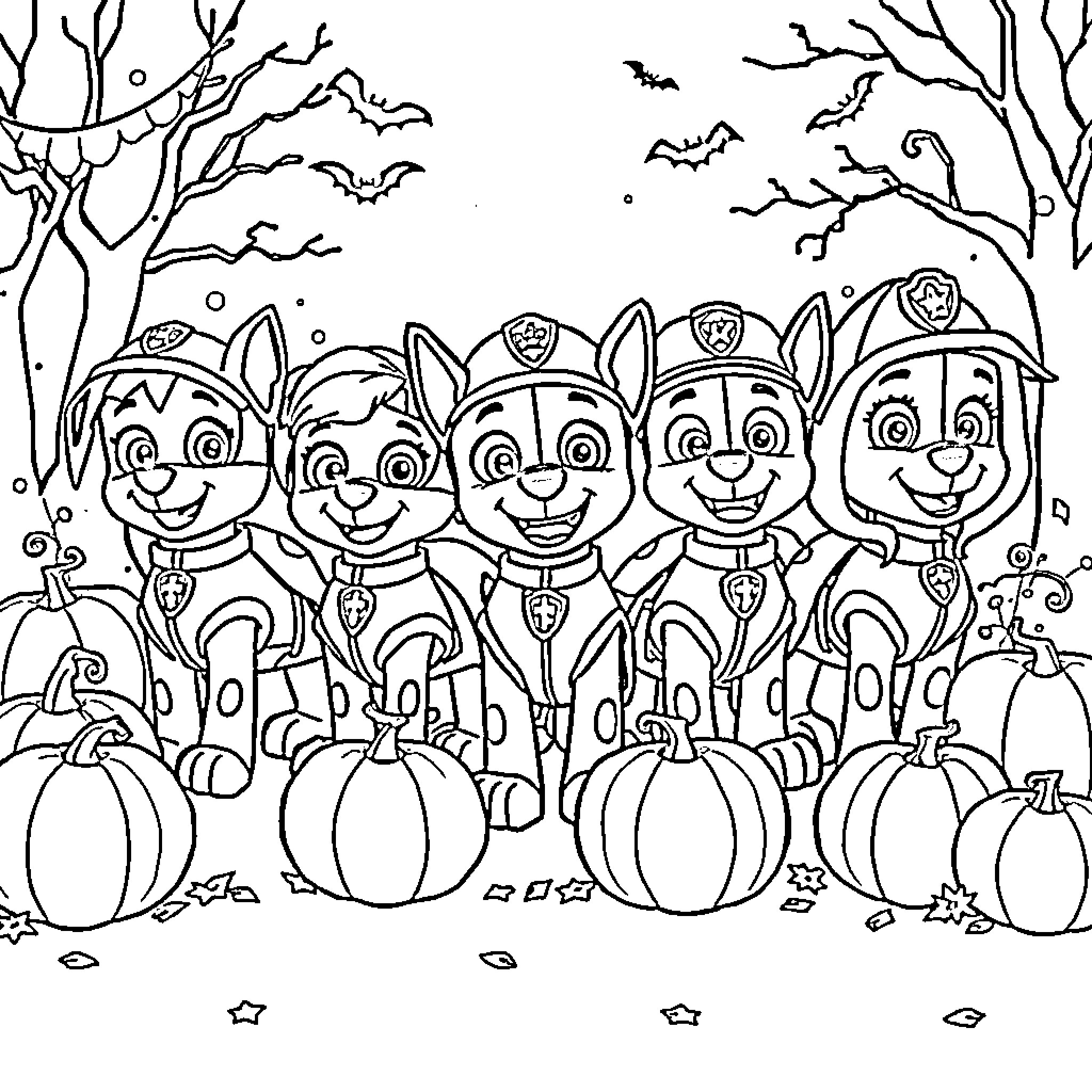 Paw Patrol Trick-or-Treating in the Spooky Forest Coloring Page (free black-and-white line drawing printable PDF for all, from beginners to advanced learners, including children, teens, adults, and seniors)