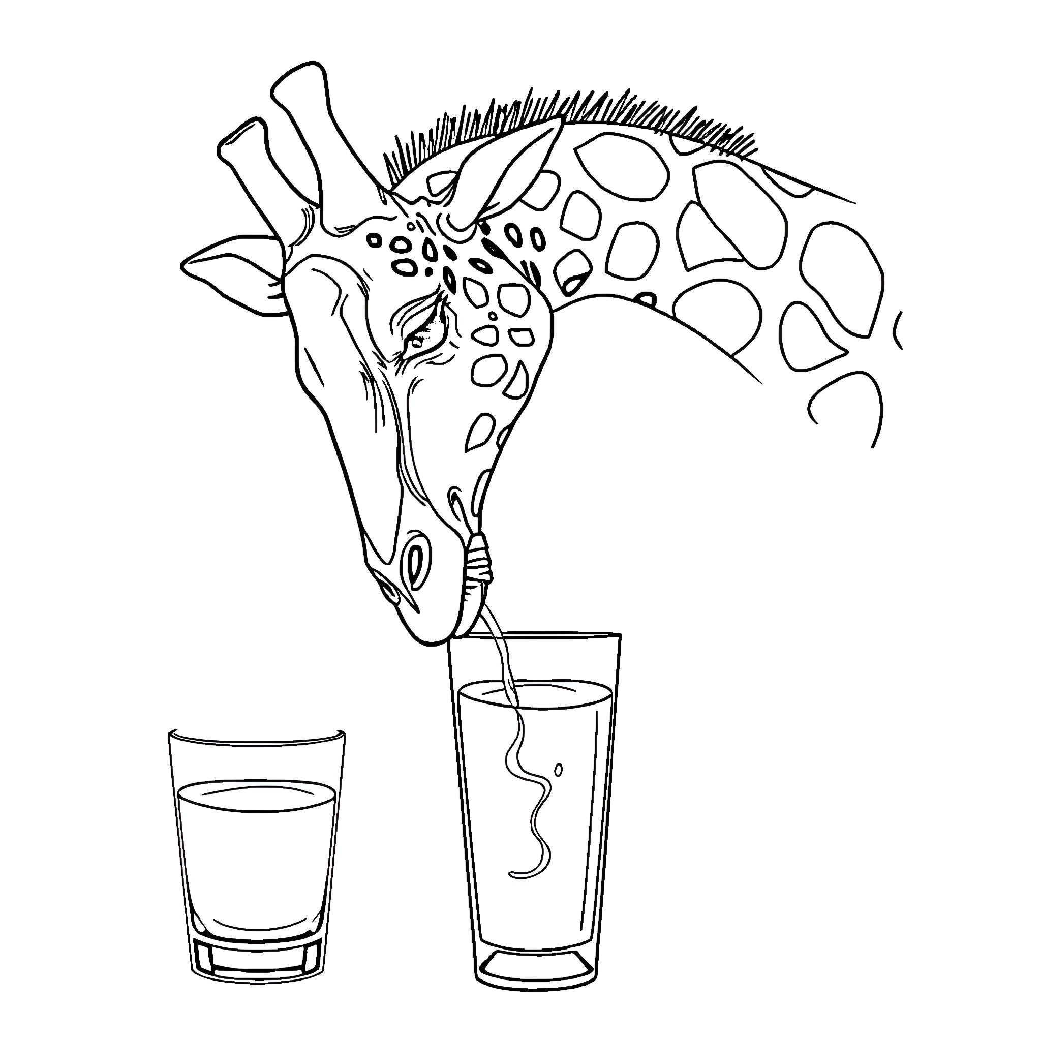 Giraffe drinking water from glasses Coloring Page (free black-and-white line drawing printable PDF for all, from beginners to advanced learners, including children, teens, adults, and seniors)
