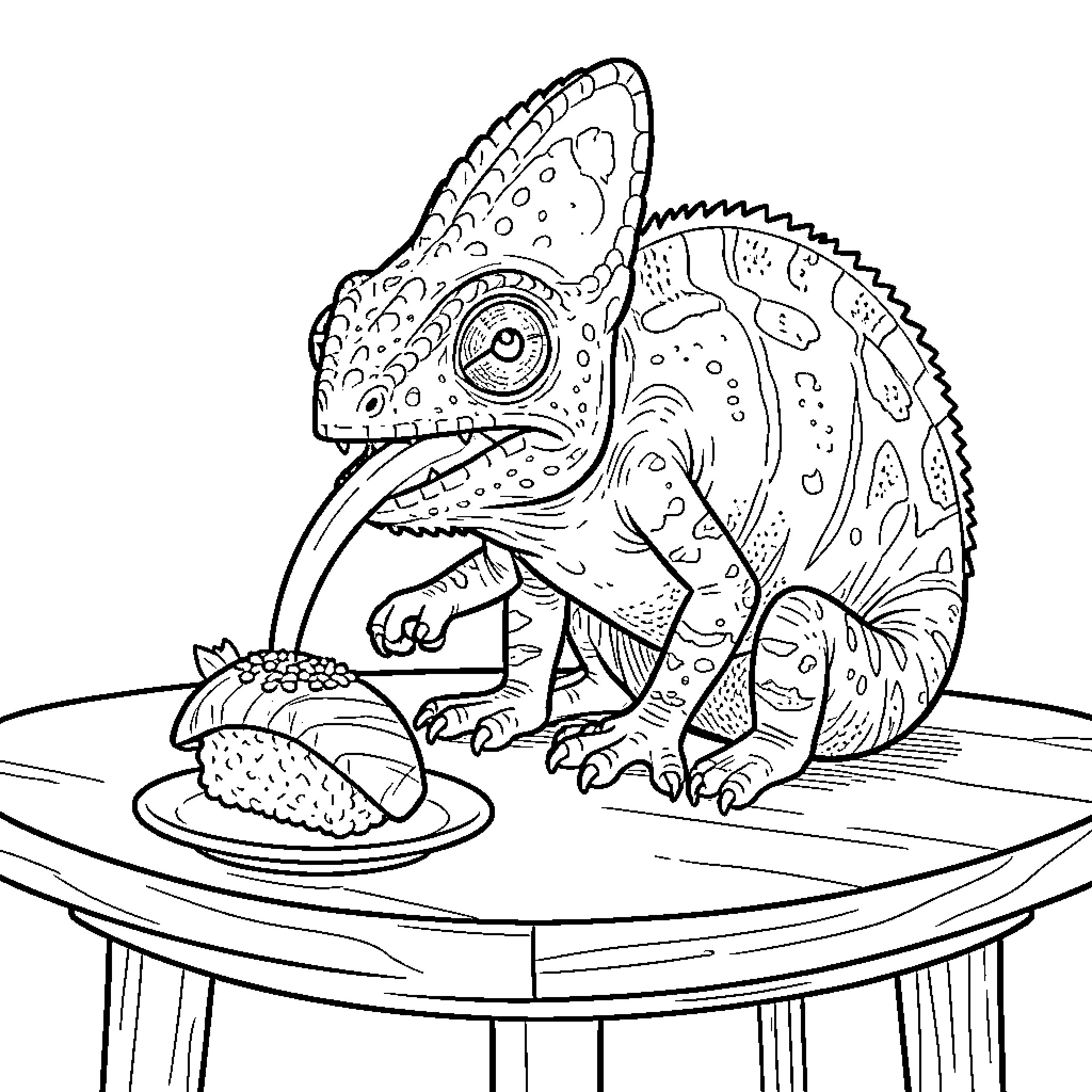 Chameleon inspecting a strawberry Coloring Page (free black-and-white line drawing printable PDF for all, from beginners to advanced learners, including children, teens, adults, and seniors)