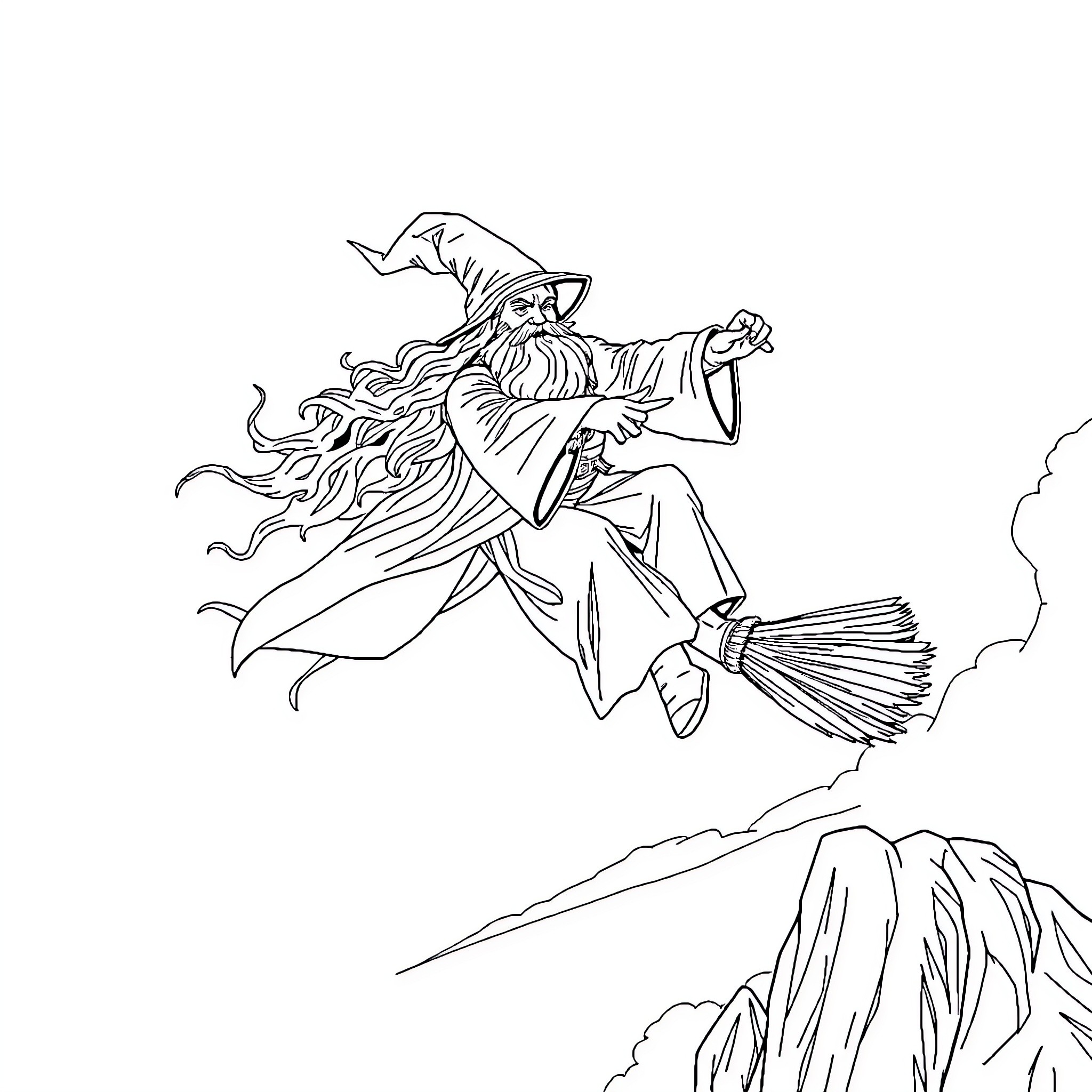 Gandalf the Wizard Soaring on a Broomstick Coloring Page (free black-and-white line drawing printable PDF for all, from beginners to advanced learners, including children, teens, adults, and seniors)