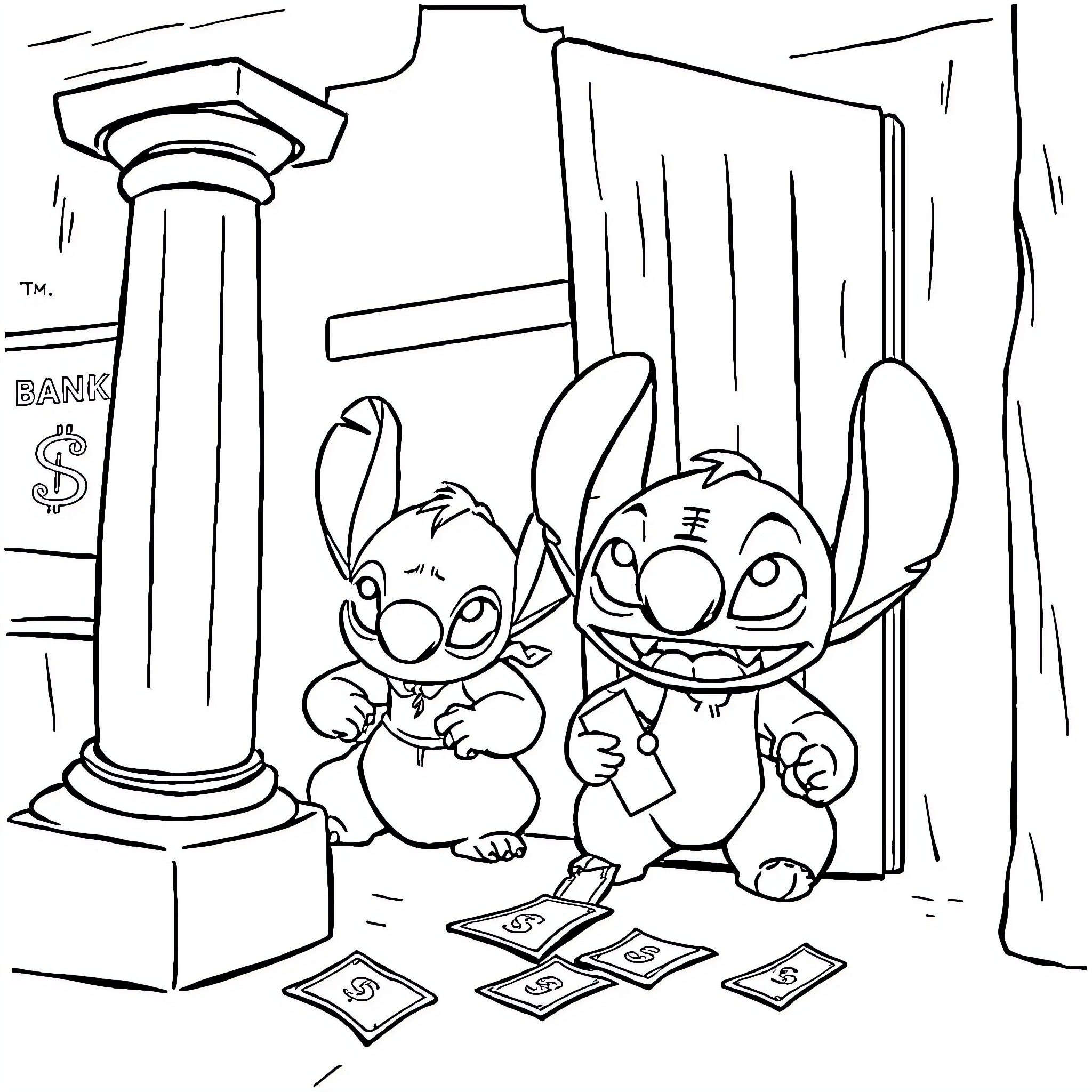 Lilo and Stitch explore the city Coloring Page (free black-and-white line drawing printable PDF for all, from beginners to advanced learners, including children, teens, adults, and seniors)