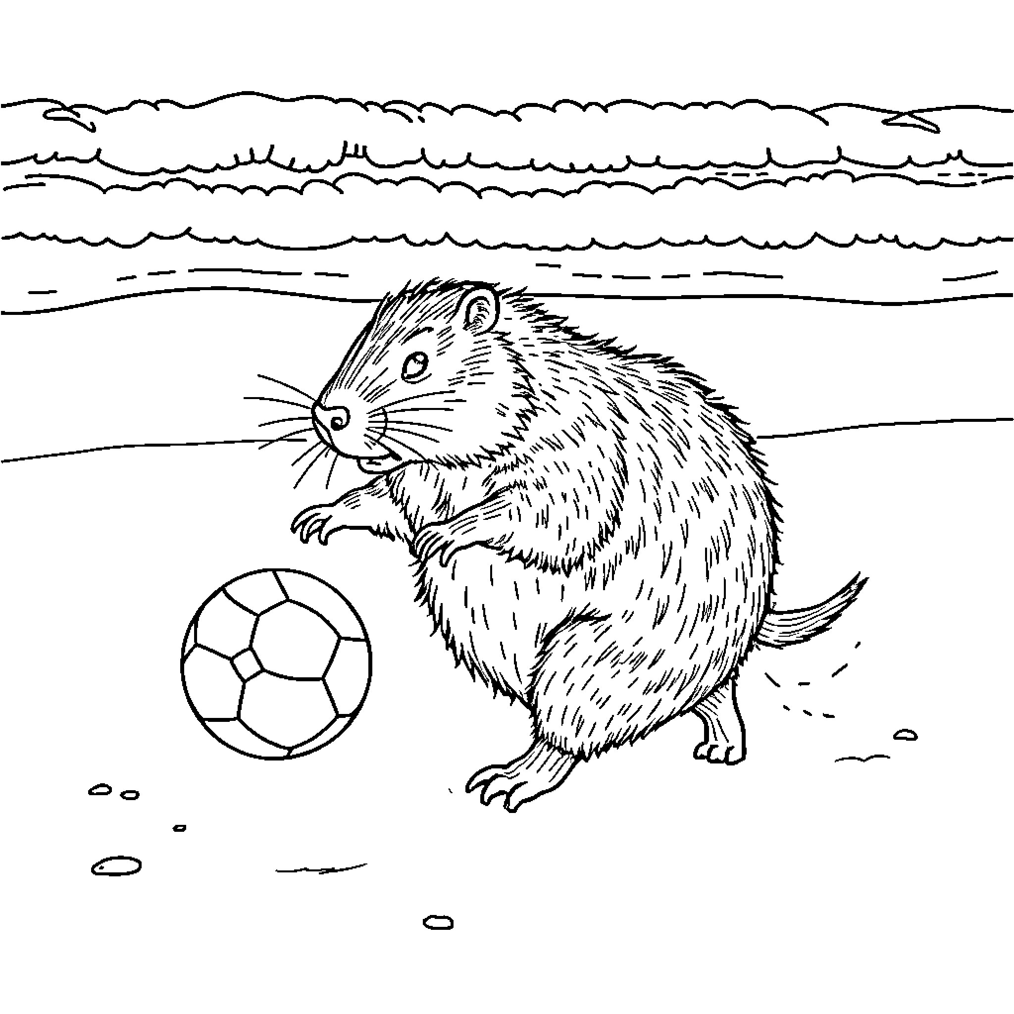 Capybara playing with a soccer ball on the beach Coloring Page (free black-and-white line drawing printable PDF for all, from beginners to advanced learners, including children, teens, adults, and seniors)