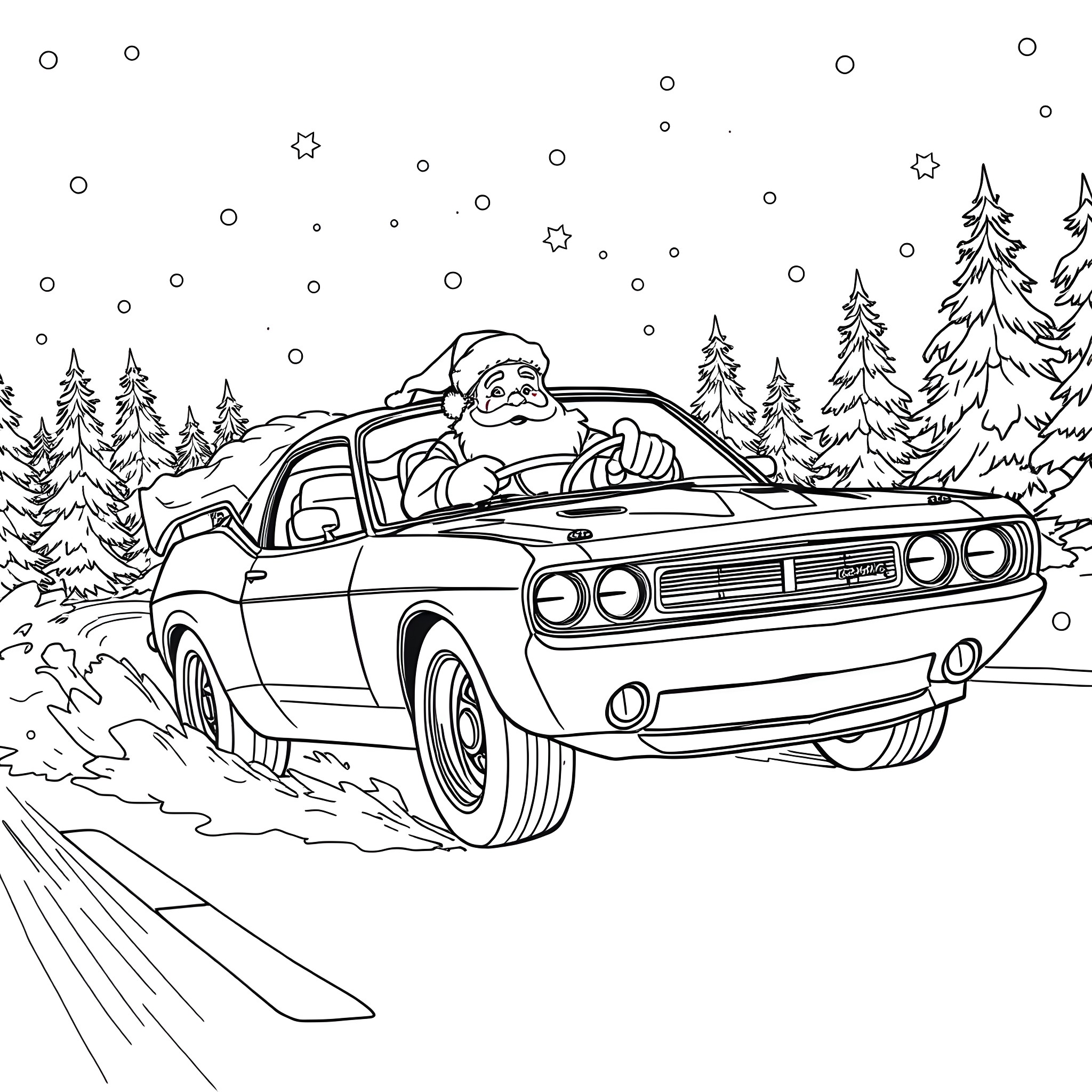 Santa driving a sports car through a snowy forest Coloring Page (free black-and-white line drawing printable PDF for all, from beginners to advanced learners, including children, teens, adults, and seniors)
