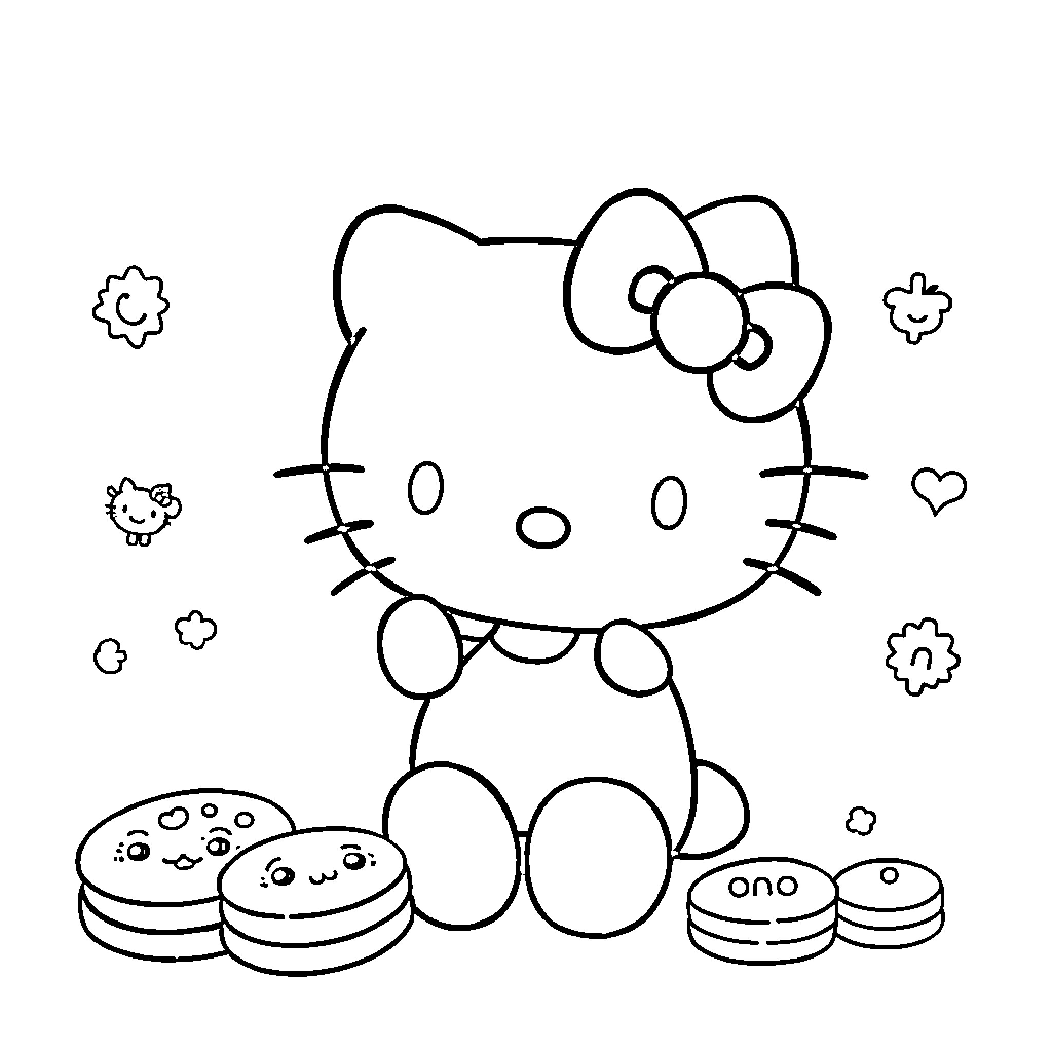 Hello Kitty baking with cookies Coloring Page (free black-and-white line drawing printable PDF for all, from beginners to advanced learners, including children, teens, adults, and seniors)