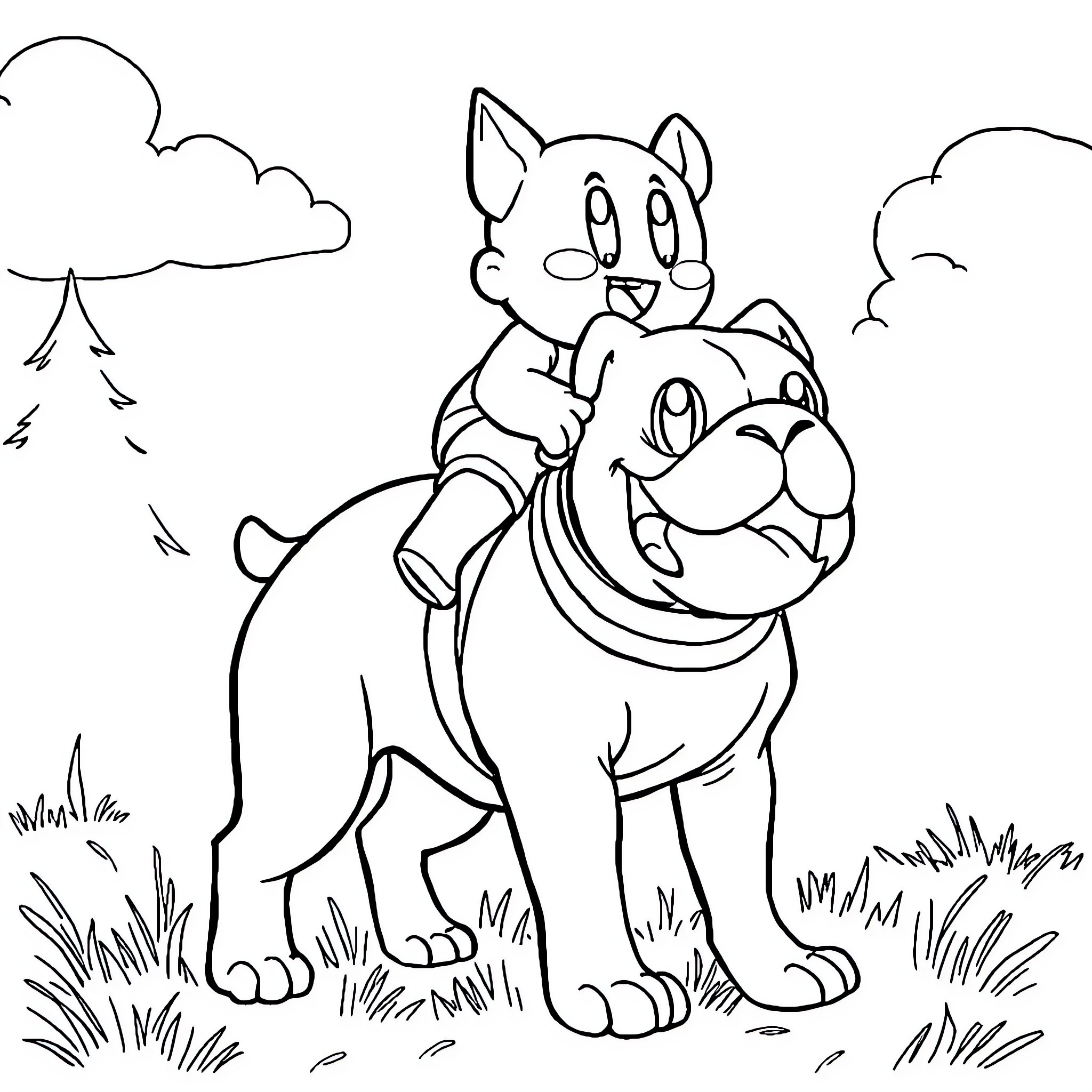 Kirby riding playfully on a friendly dog Coloring Page (free black-and-white line drawing printable PDF for all, from beginners to advanced learners, including children, teens, adults, and seniors)