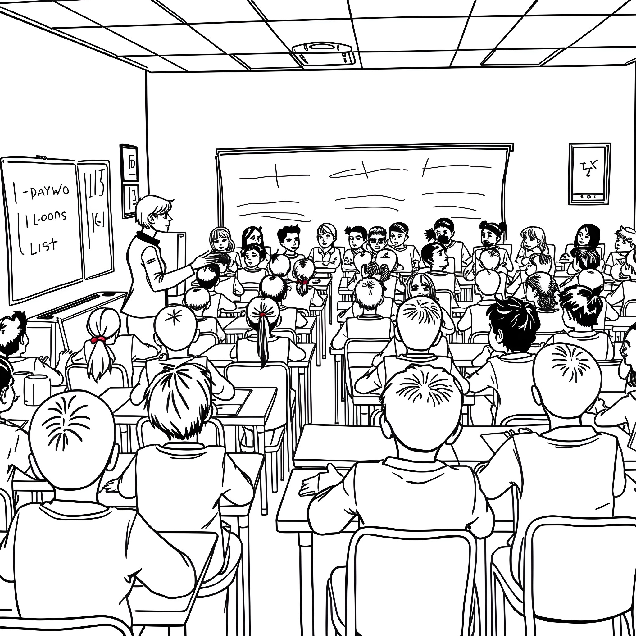 Class at Attention in the Classroom Coloring Page (free black-and-white line drawing printable PDF for all, from beginners to advanced learners, including children, teens, adults, and seniors)