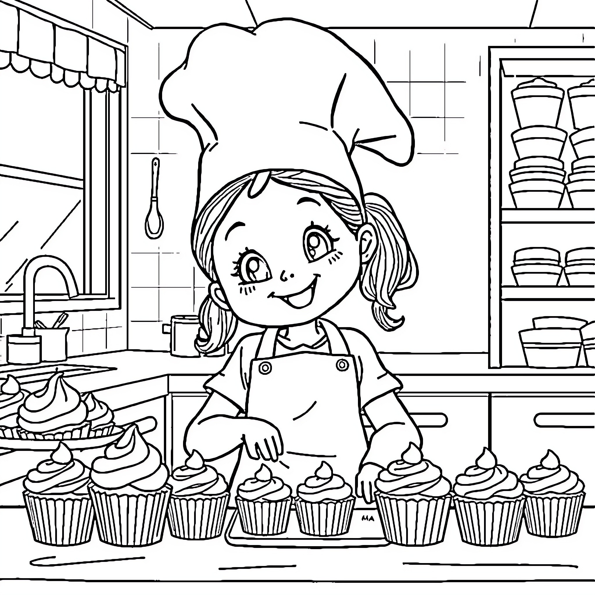 Girl happily baking cupcakes in kitchen Coloring Page (free black-and-white line drawing printable PDF for all, from beginners to advanced learners, including children, teens, adults, and seniors)