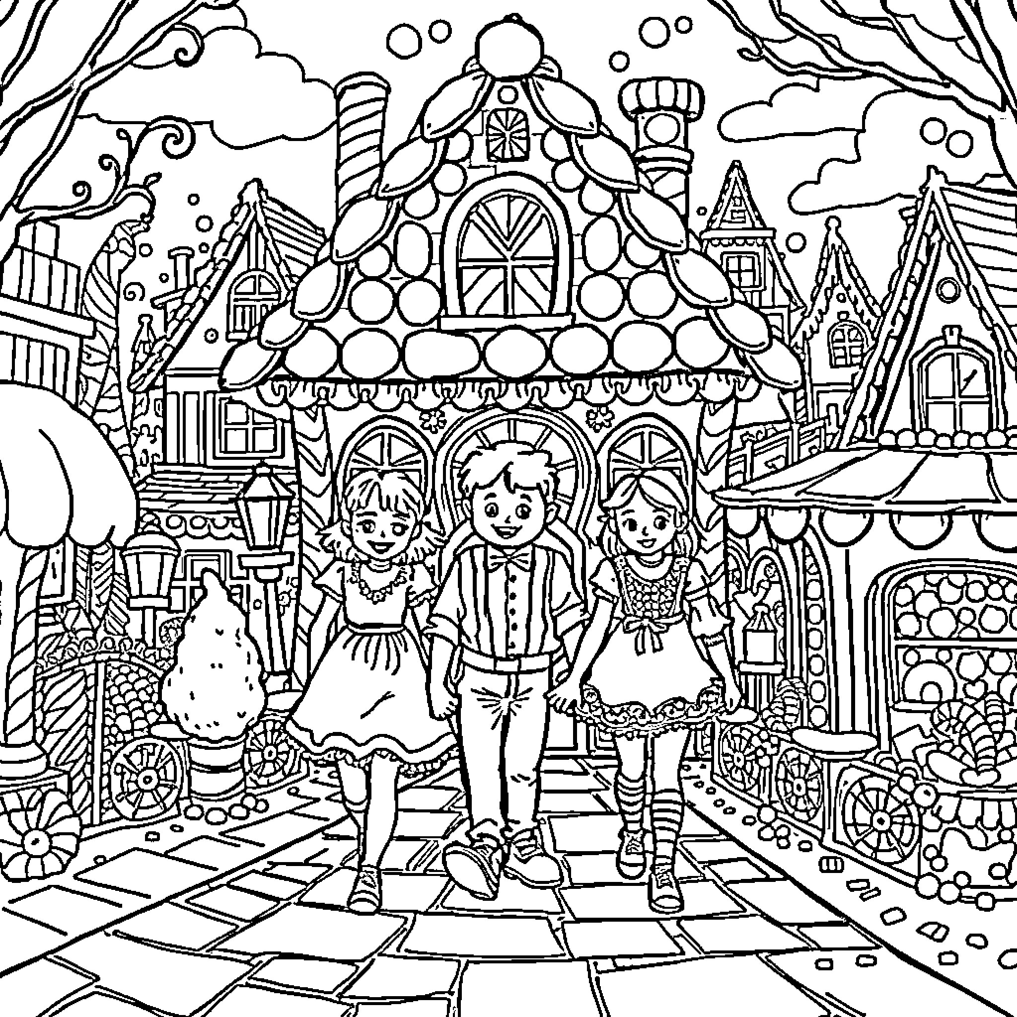 Hansel And Gretel's Whimsical Fairy Tale Adventure Coloring Page (free black-and-white line drawing printable PDF for all, from beginners to advanced learners, including children, teens, adults, and seniors)