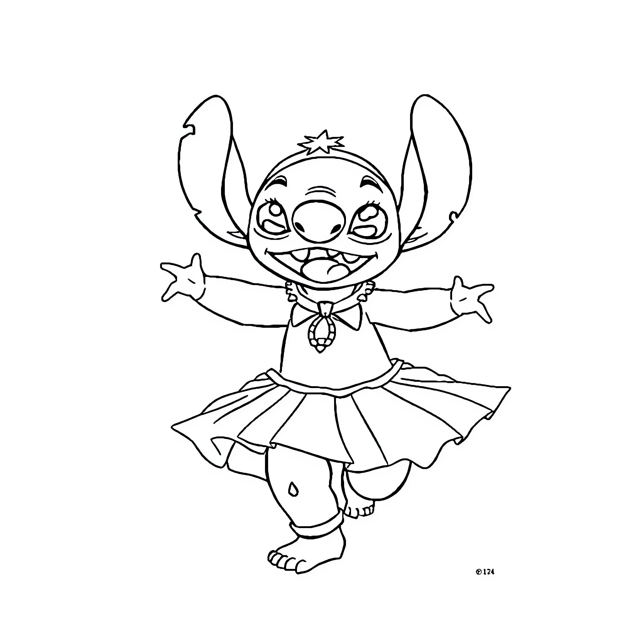 Stitch in a joyful pose with star crown Coloring Page (free black-and-white line drawing printable PDF for all, from beginners to advanced learners, including children, teens, adults, and seniors)