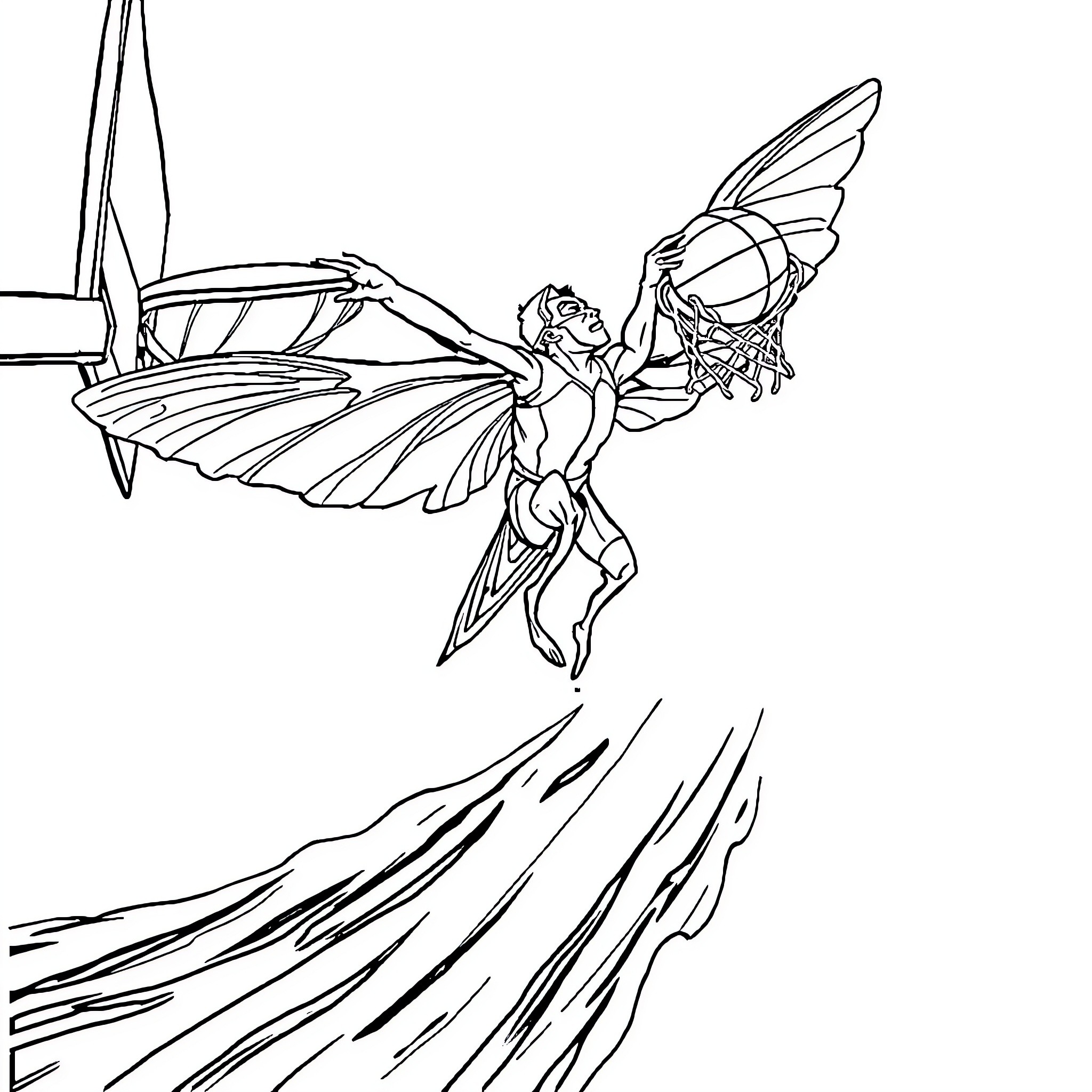 Moth Man soaring through the air with powerful wings Coloring Page (free black-and-white line drawing printable PDF for all, from beginners to advanced learners, including children, teens, adults, and seniors)