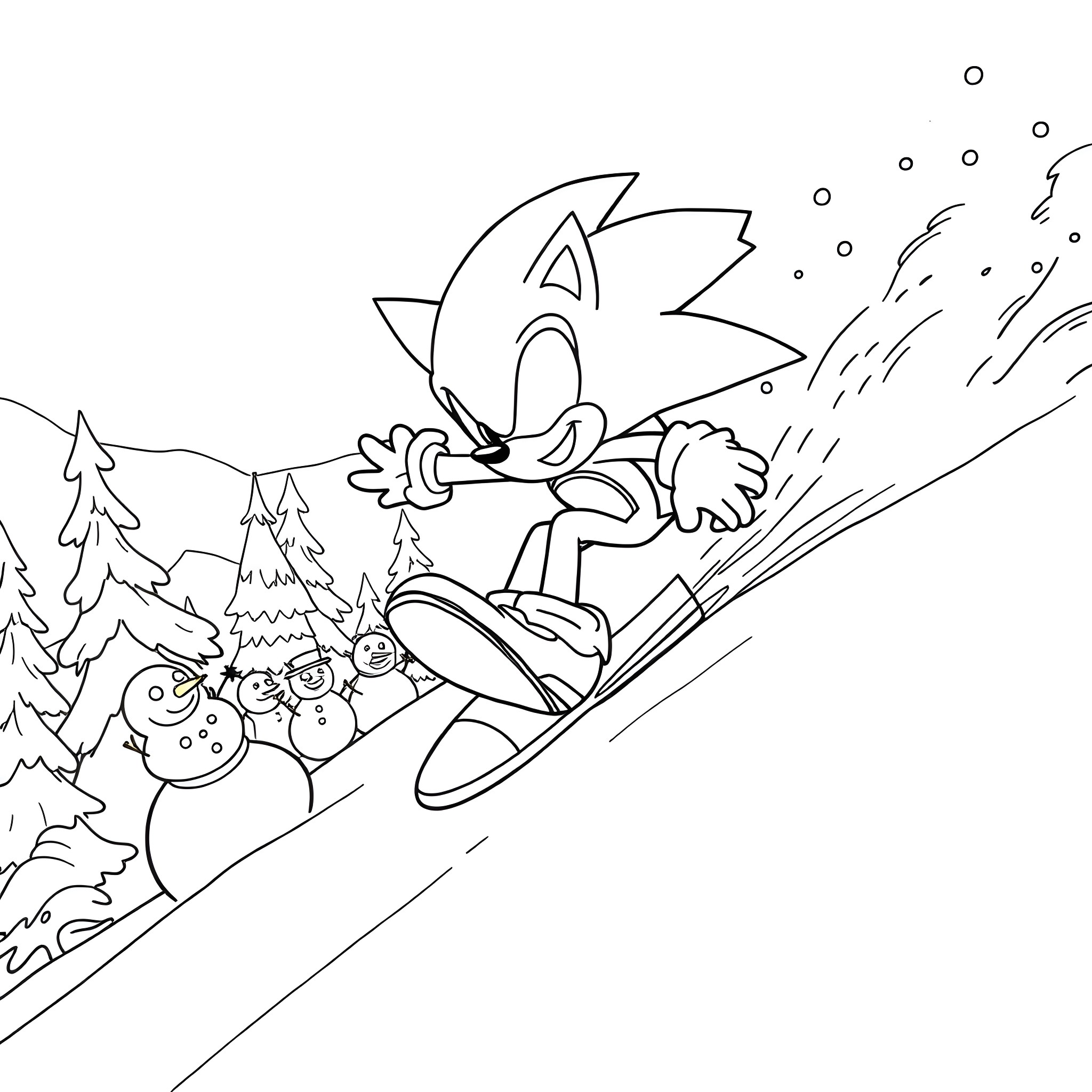 Sonic Snowboarding through Winter Wonderland Coloring Page (free black-and-white line drawing printable PDF for all, from beginners to advanced learners, including children, teens, adults, and seniors)