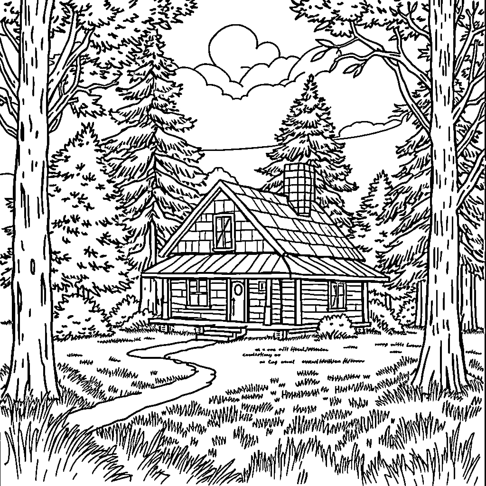 House in a Peaceful Forest Scene Coloring Page (free black-and-white line drawing printable PDF for all, from beginners to advanced learners, including children, teens, adults, and seniors)