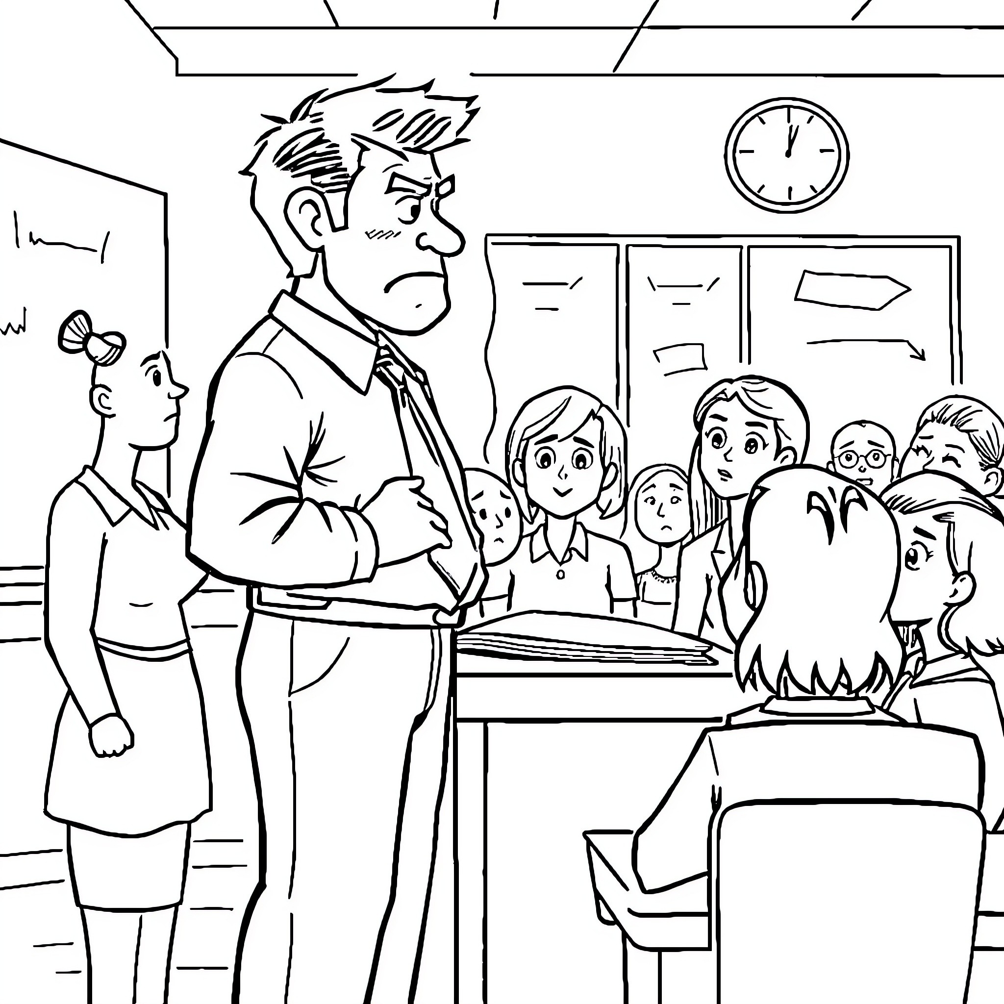 Principal Addressing Students in Classroom Coloring Page (free black-and-white line drawing printable PDF for all, from beginners to advanced learners, including children, teens, adults, and seniors)