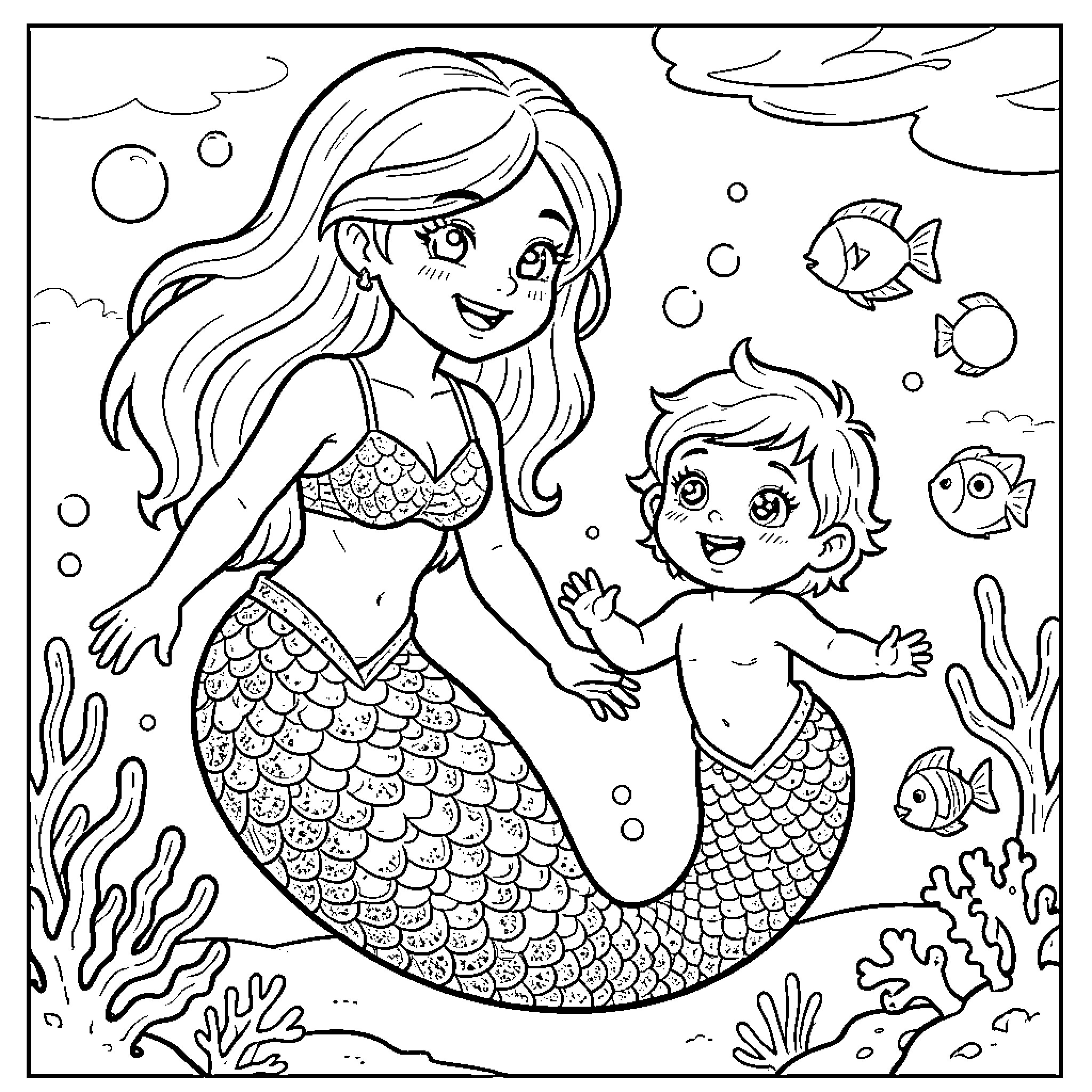 Mermaid mother and child exploring the underwater world Coloring Page (free black-and-white line drawing printable PDF for all, from beginners to advanced learners, including children, teens, adults, and seniors)