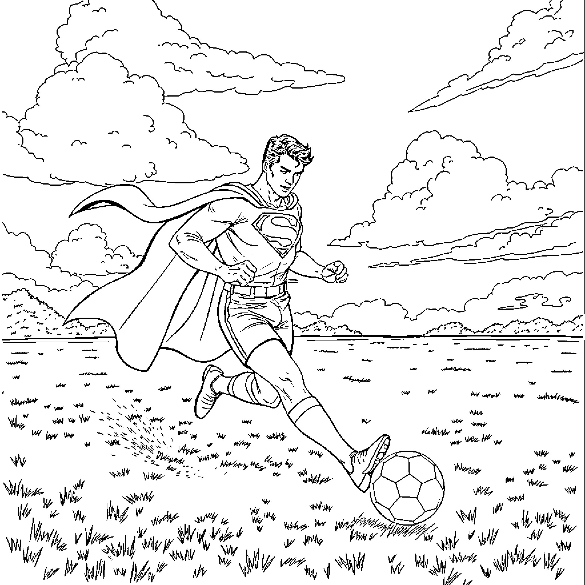 Superman kicking a soccer ball in a grassy field Coloring Page (free black-and-white line drawing printable PDF for all, from beginners to advanced learners, including children, teens, adults, and seniors)