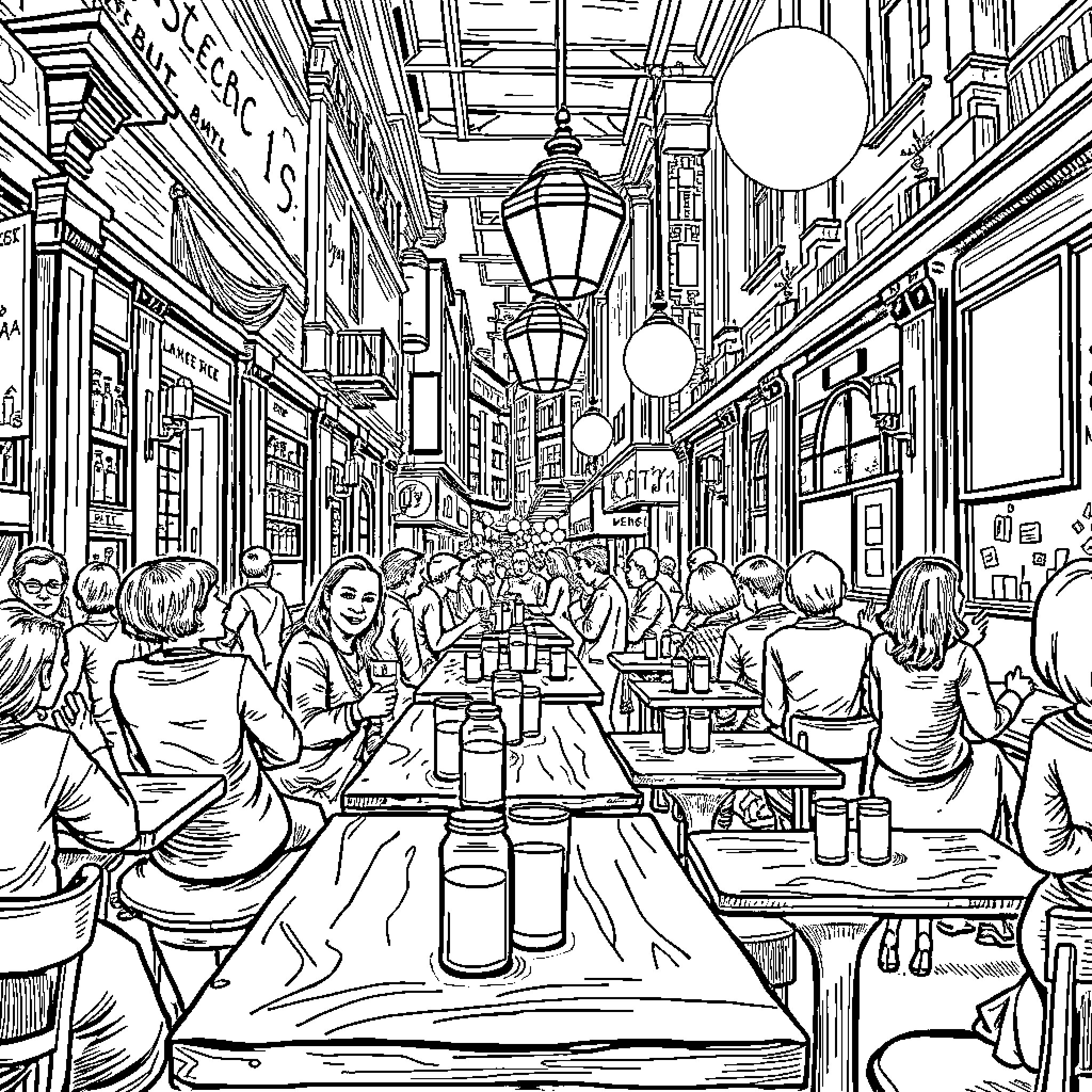 Bar Scene with Lively Patrons and Festive Decor Coloring Page (free black-and-white line drawing printable PDF for all, from beginners to advanced learners, including children, teens, adults, and seniors)