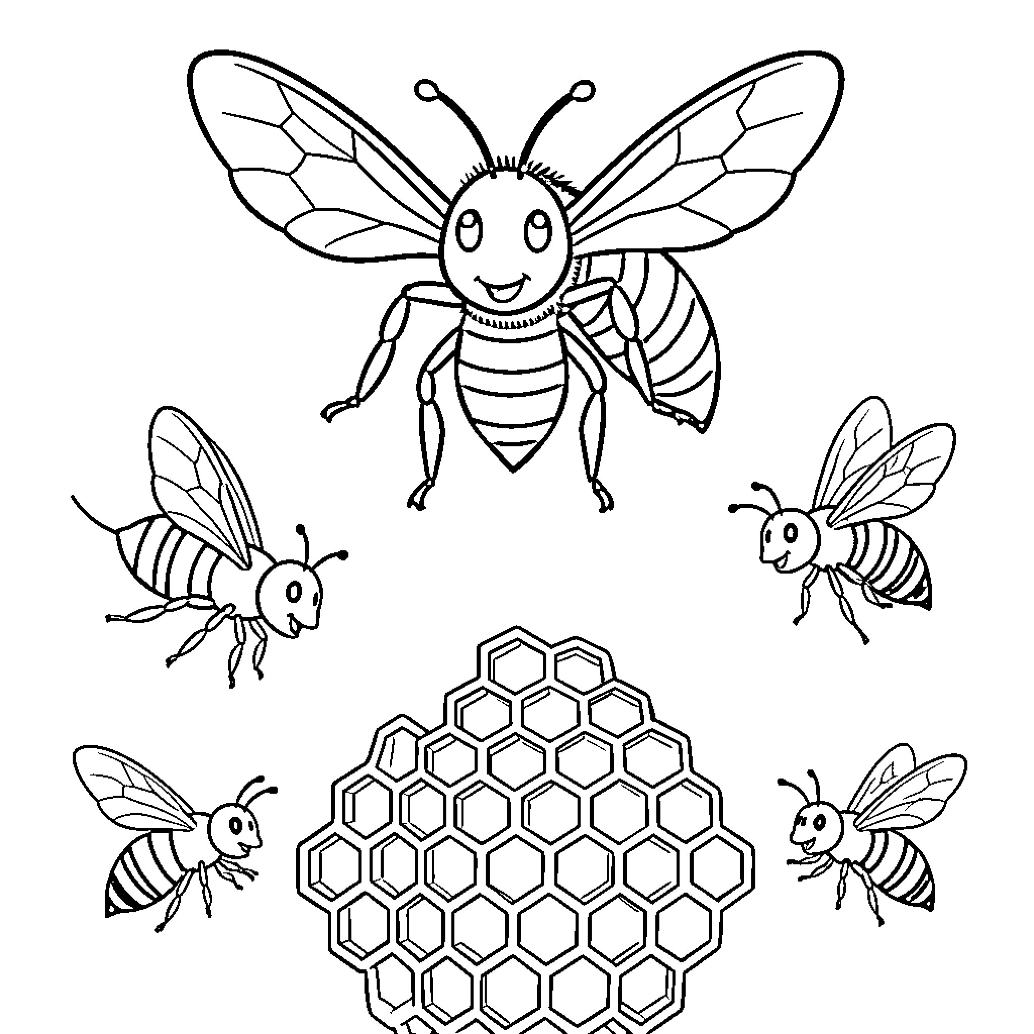 Abeja playing with honeycombs and friends Coloring Page (free black-and-white line drawing printable PDF for all, from beginners to advanced learners, including children, teens, adults, and seniors)