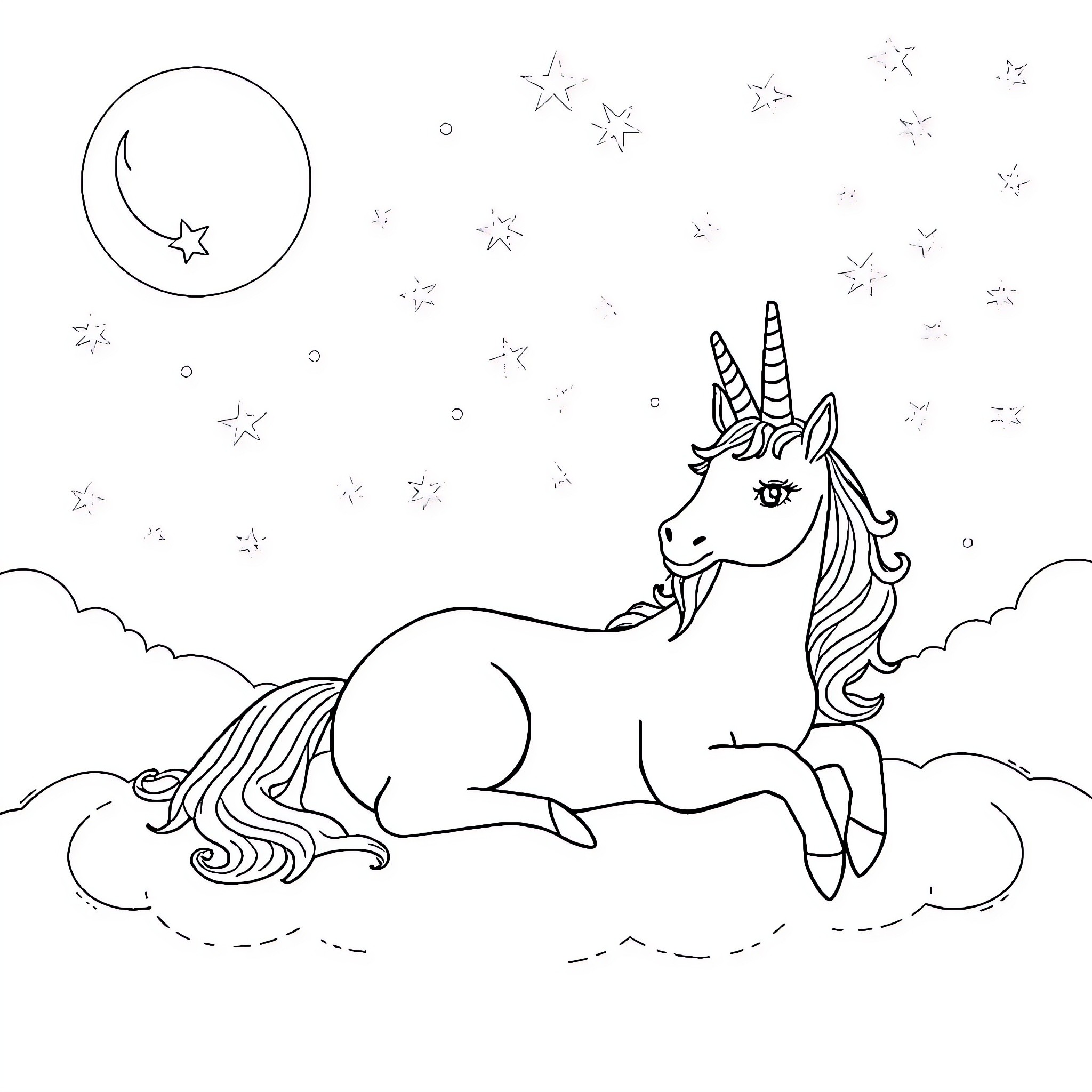 Unicorn resting among the stars and clouds Coloring Page (free black-and-white line drawing printable PDF for all, from beginners to advanced learners, including children, teens, adults, and seniors)